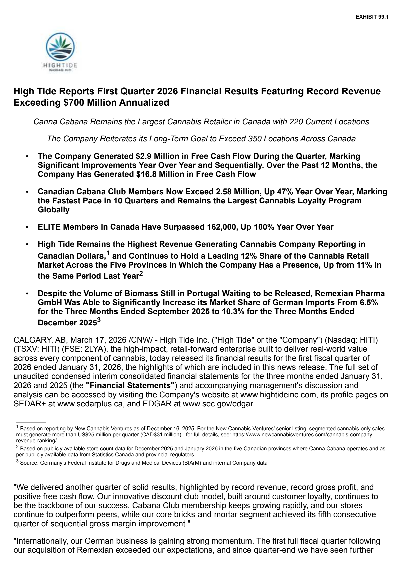 High Tide's Q1 2026 Press Release