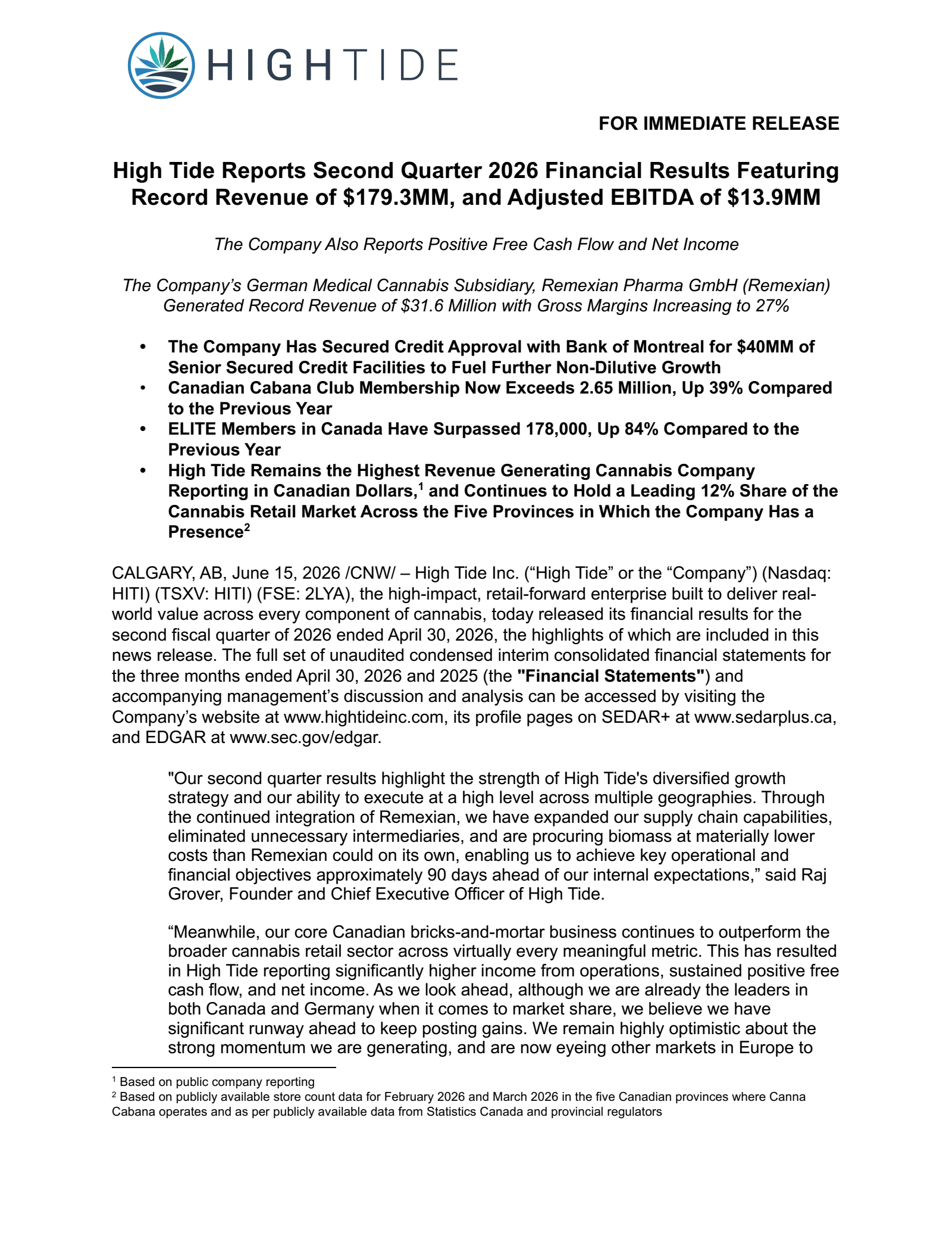 High Tide's Q2 2026 Press Release