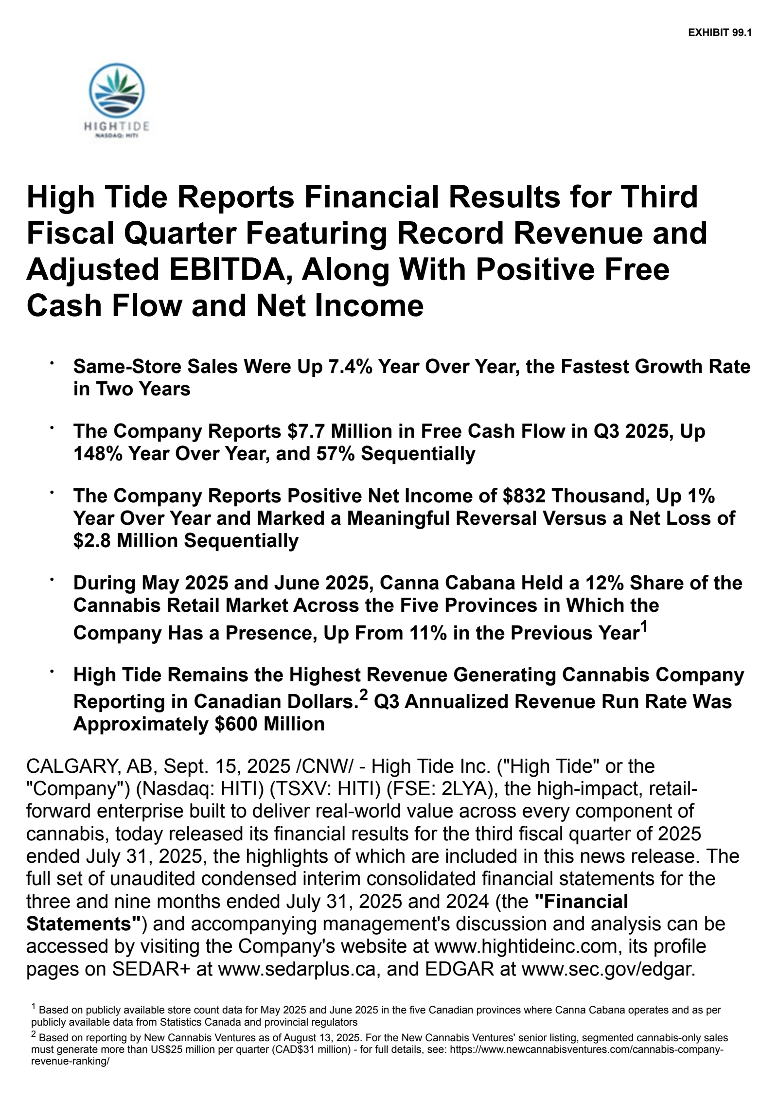 High Tide's Q3 2025 Earnings Release