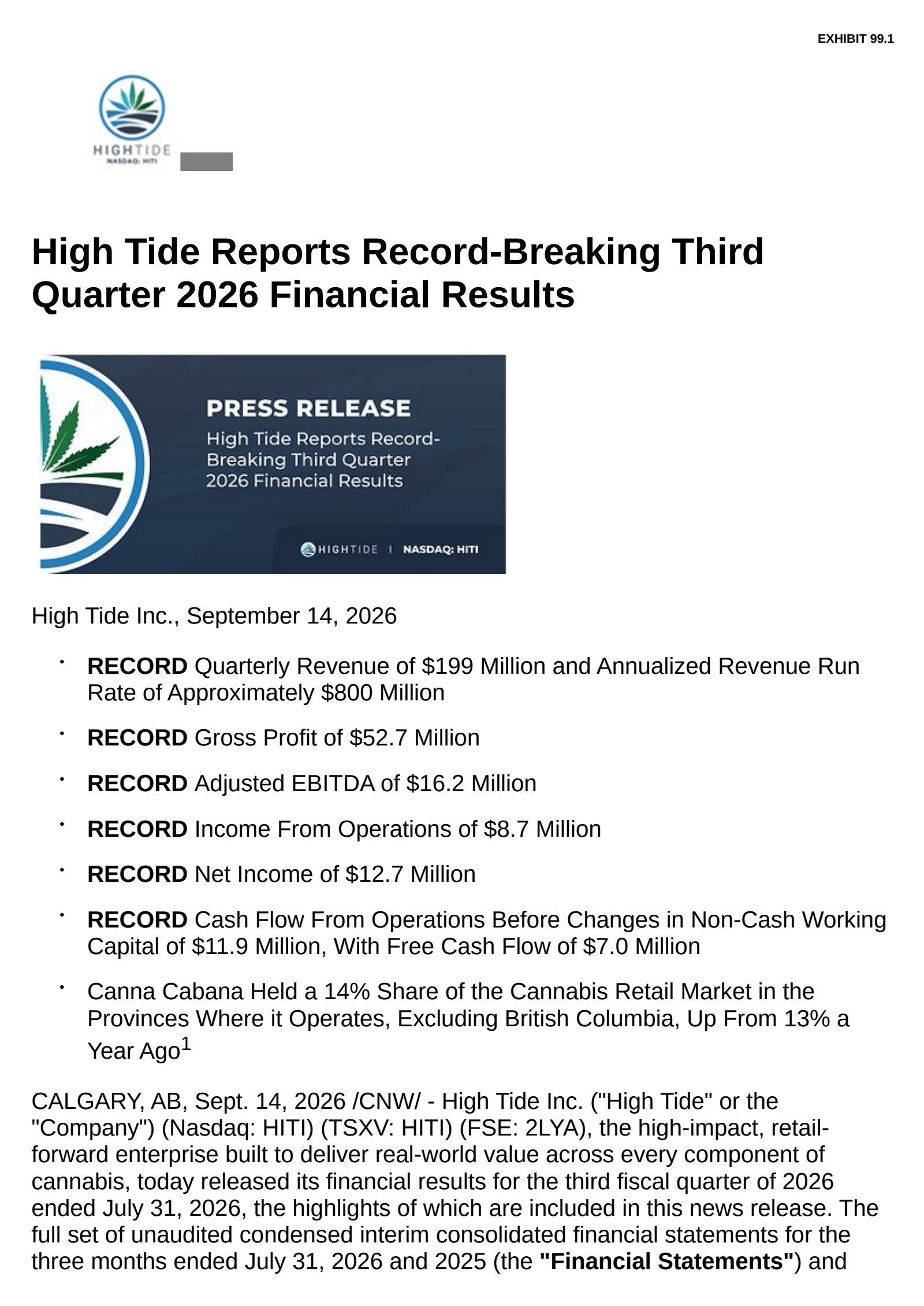 High Tide's Q3 2026 Press Release