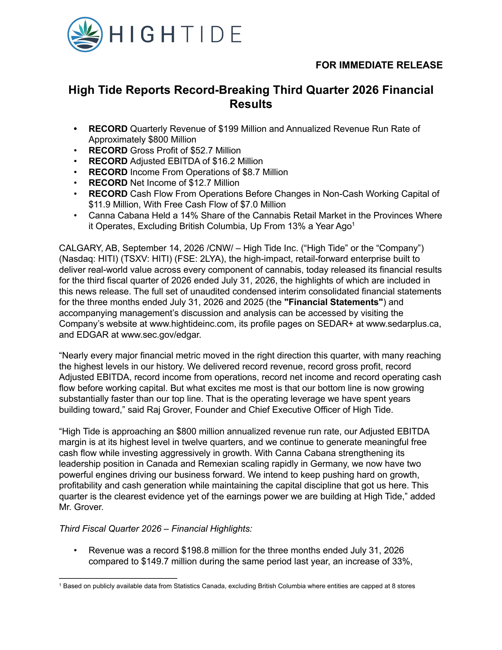 High Tide's Q3 2026 Press Release