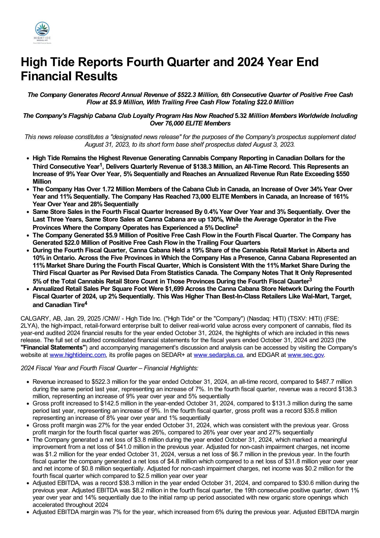 High Tide's Q4 2024 Press Release