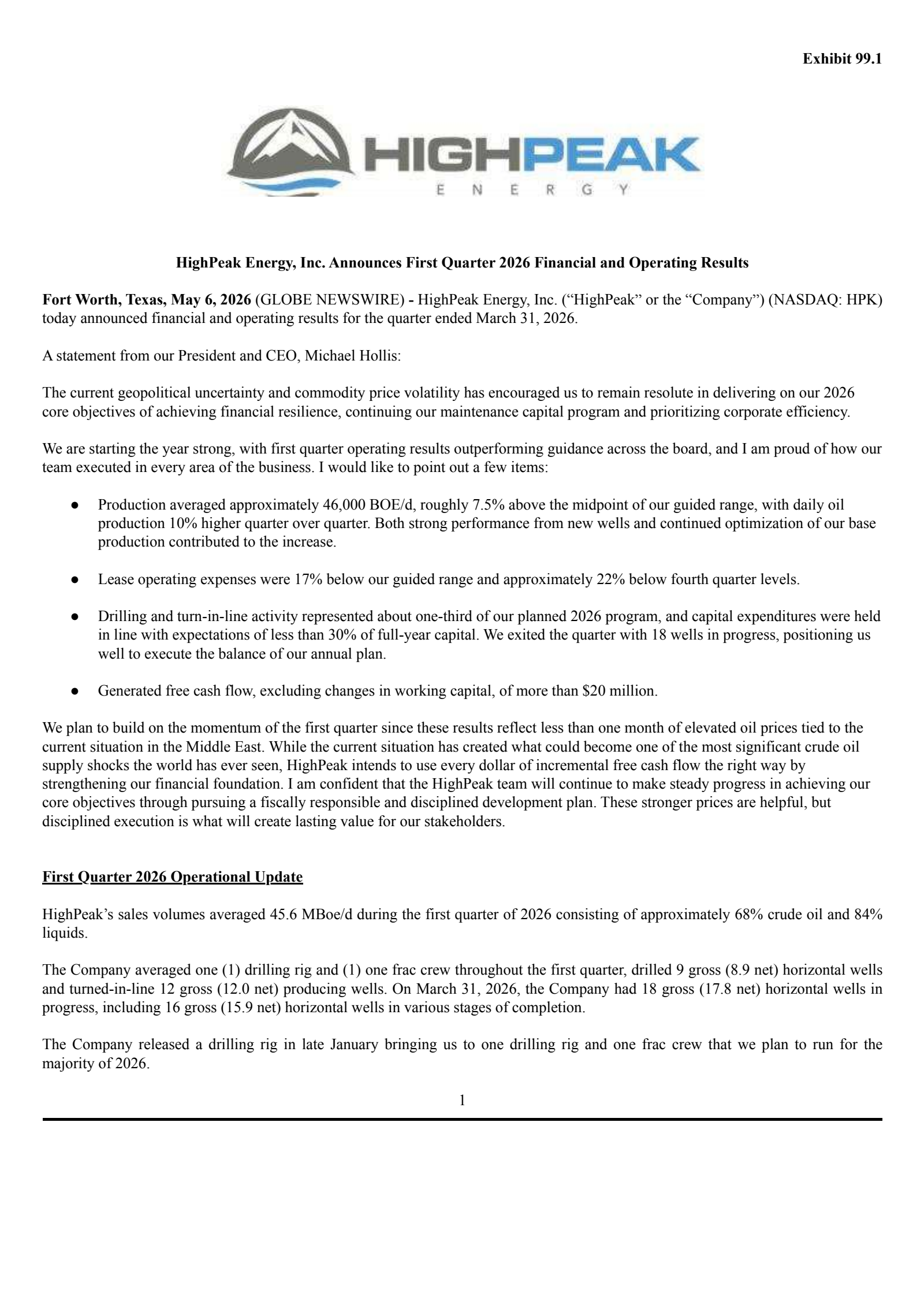 HighPeak Energy's Q1 2026 Press Release