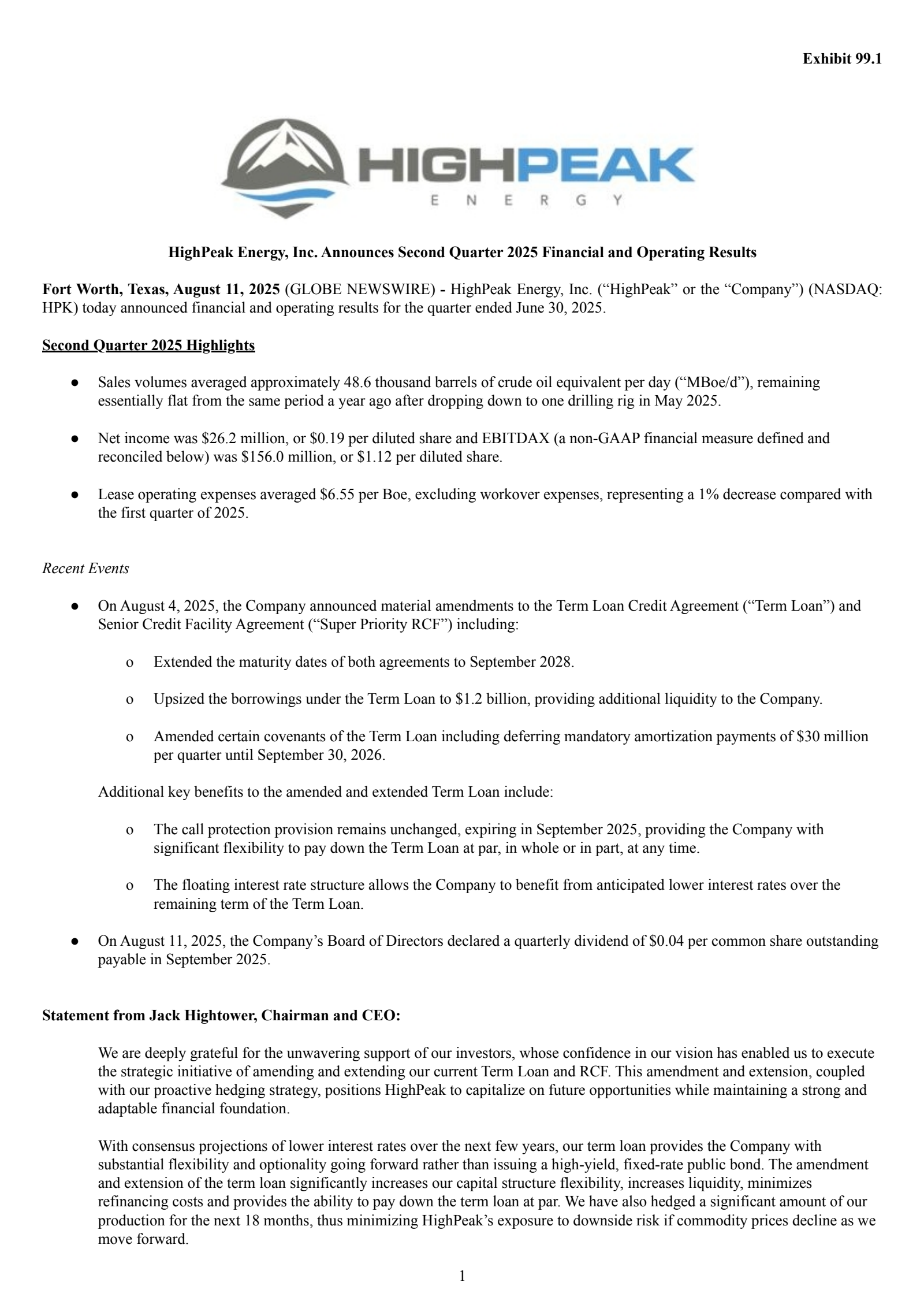HighPeak Energy's Q2 2025 Press Release