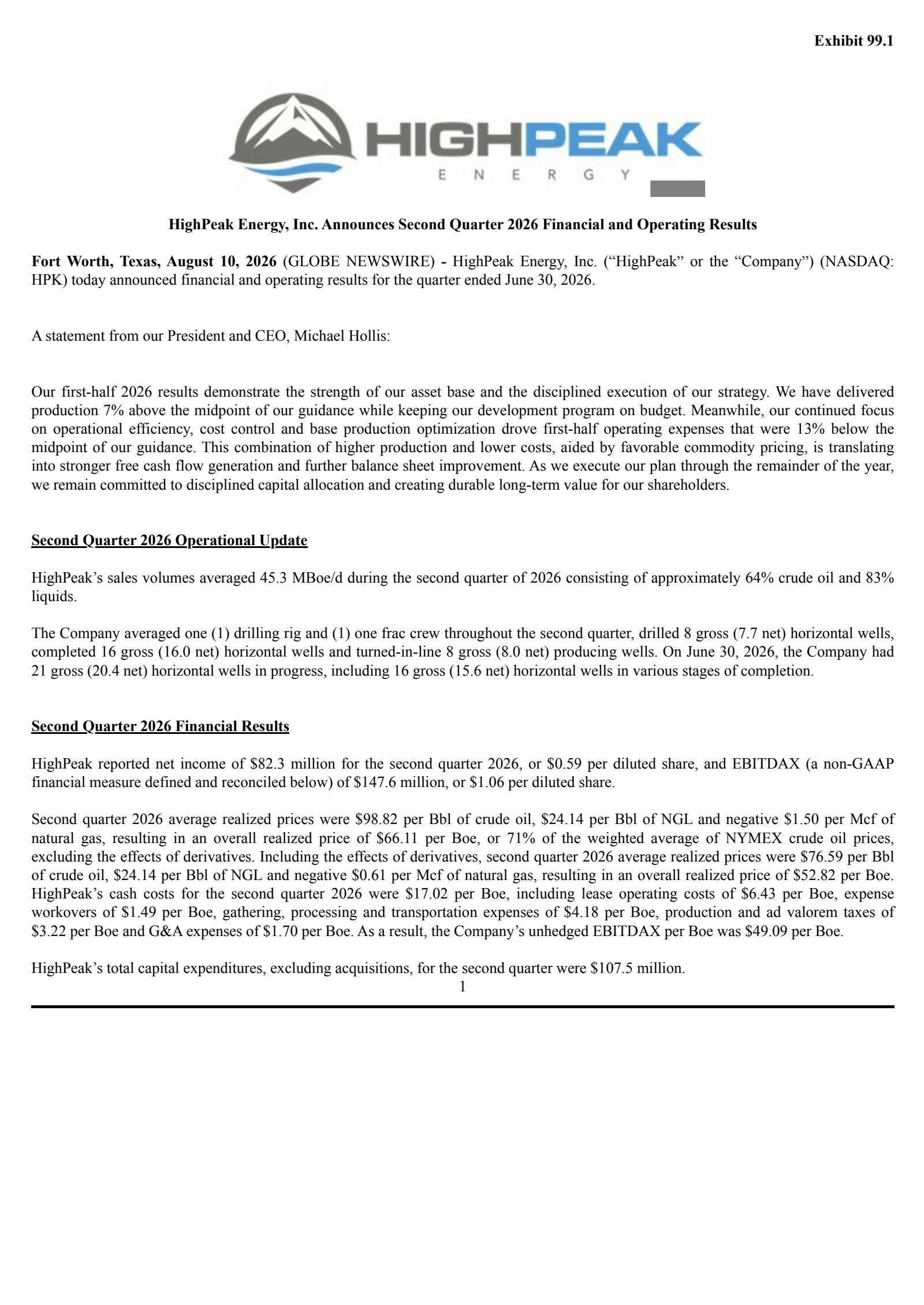 HighPeak Energy's Q2 2026 Press Release