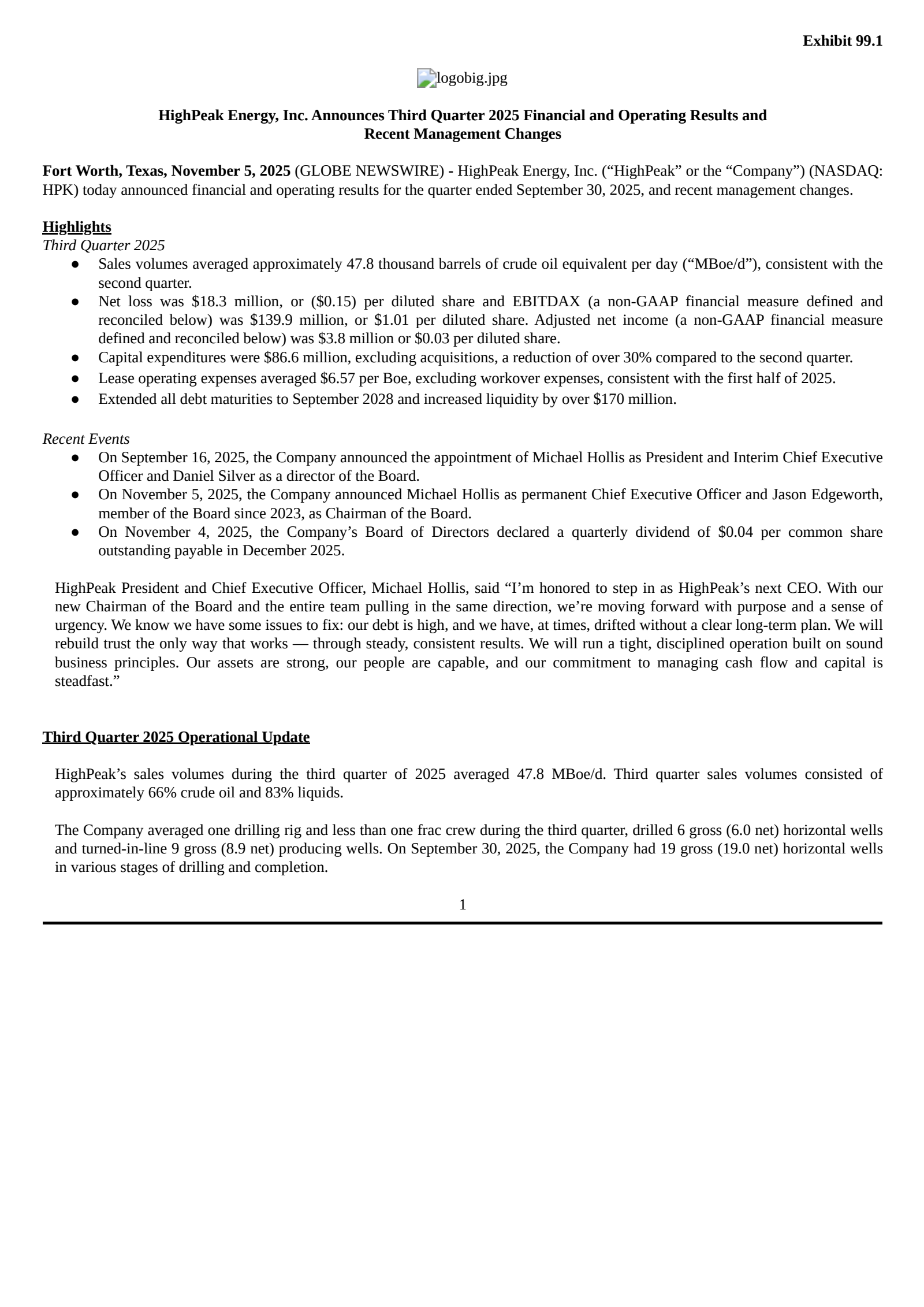 HighPeak Energy's Q3 2025 Earnings Release
