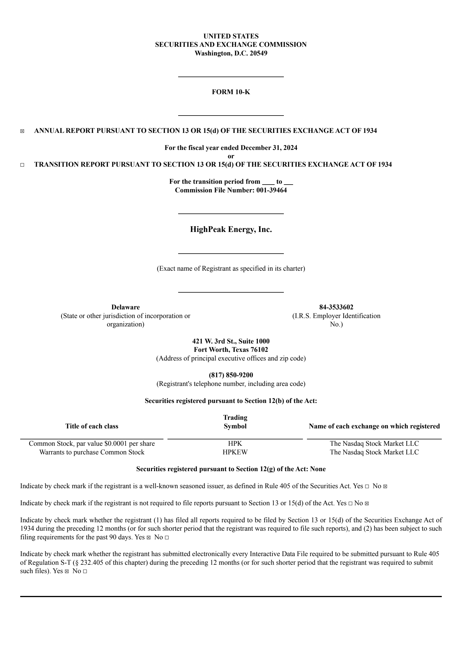 HighPeak Energy's Q4 2024 Annual report