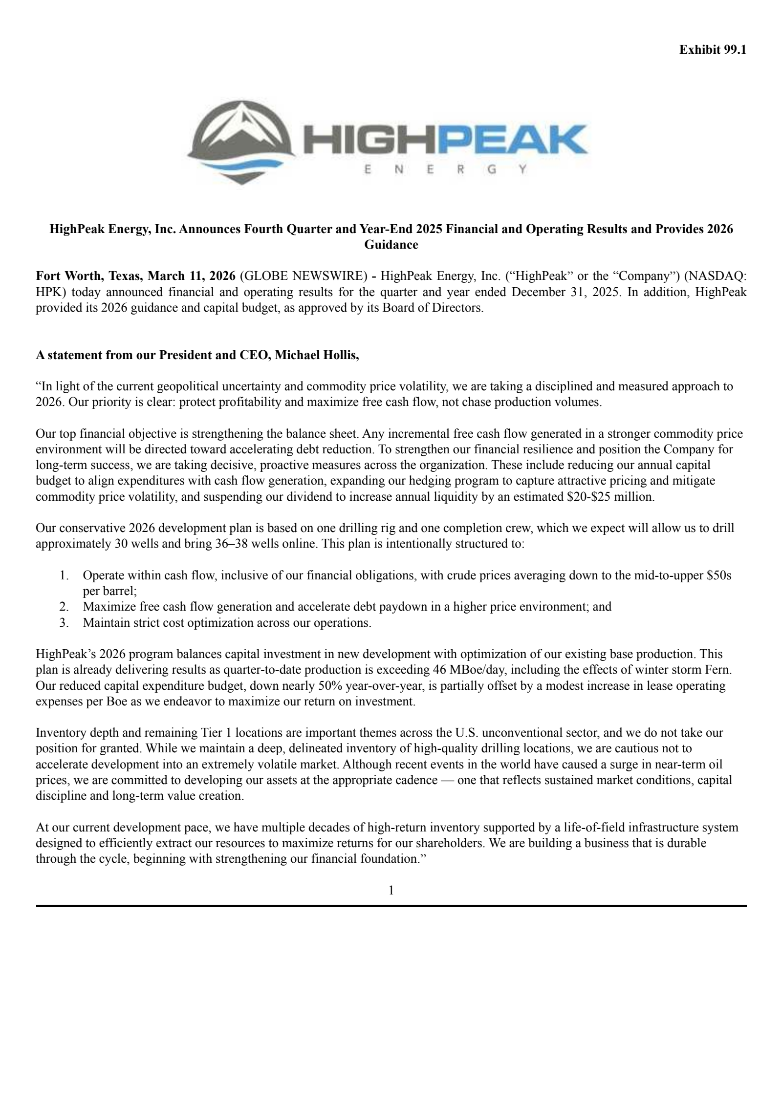 HighPeak Energy's Q4 2025 Press Release