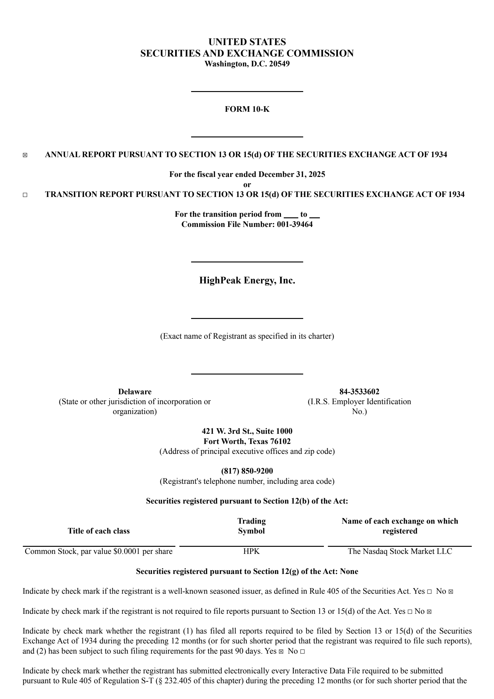 HighPeak Energy's Q4 2025 Annual report