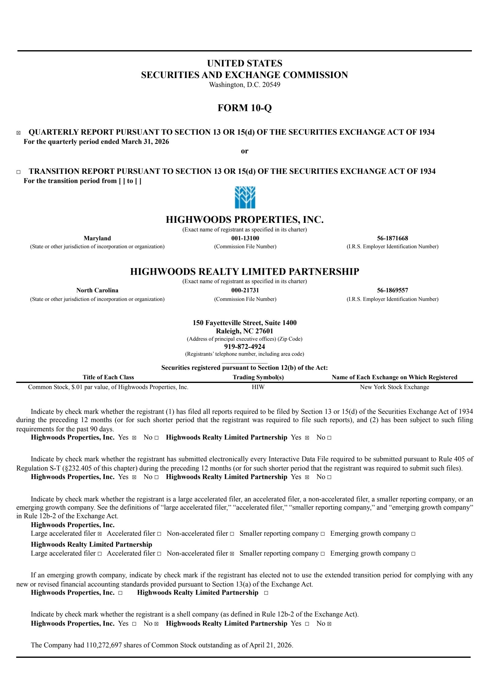 Highwoods Properties' Q1 2026 Quarterly report