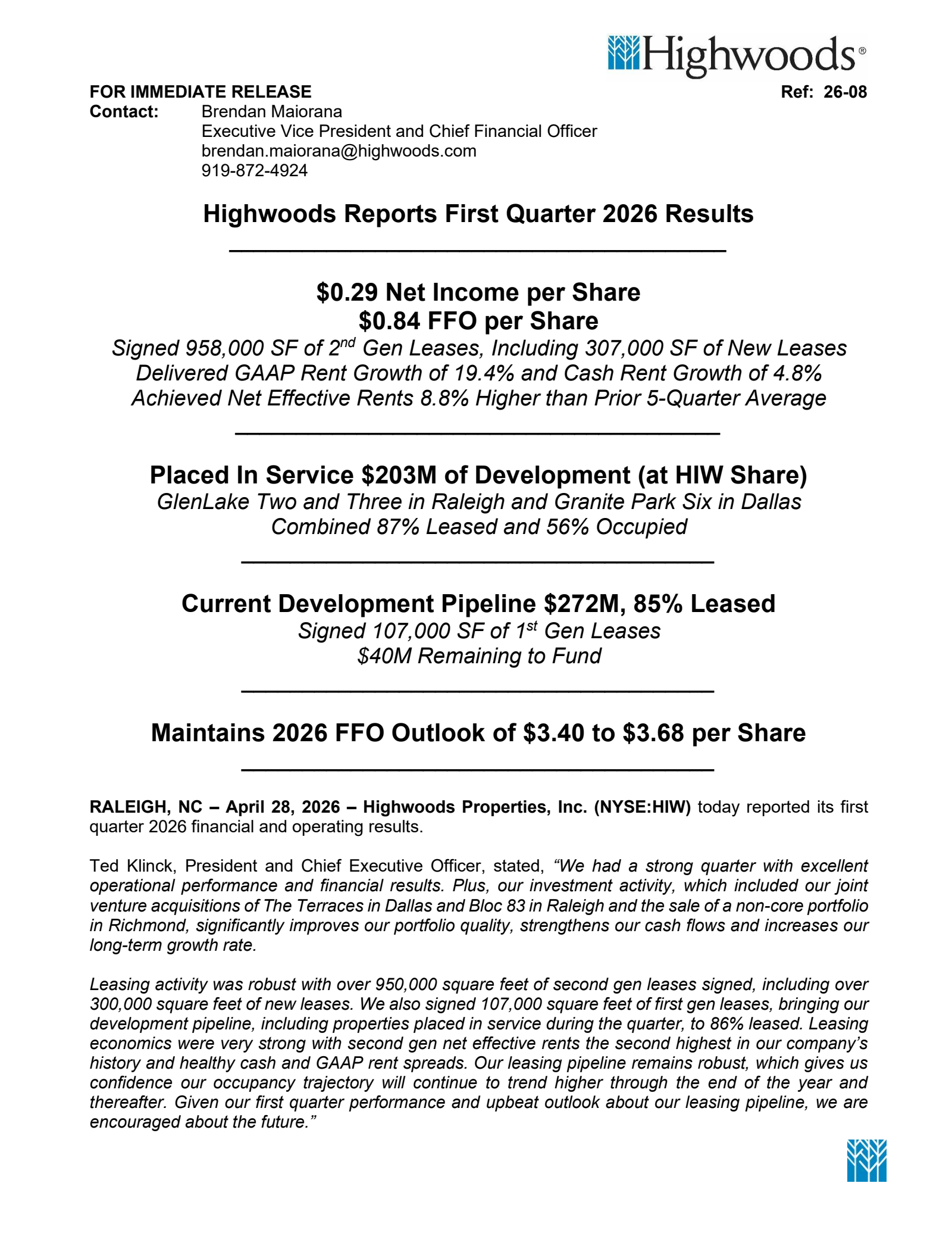 Highwoods Properties' Q1 2026 Press Release