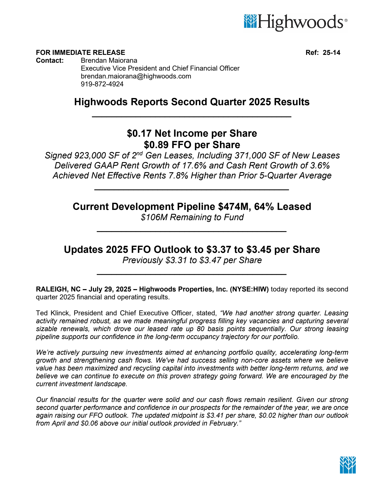 Highwoods Properties' Q2 2025 Press Release