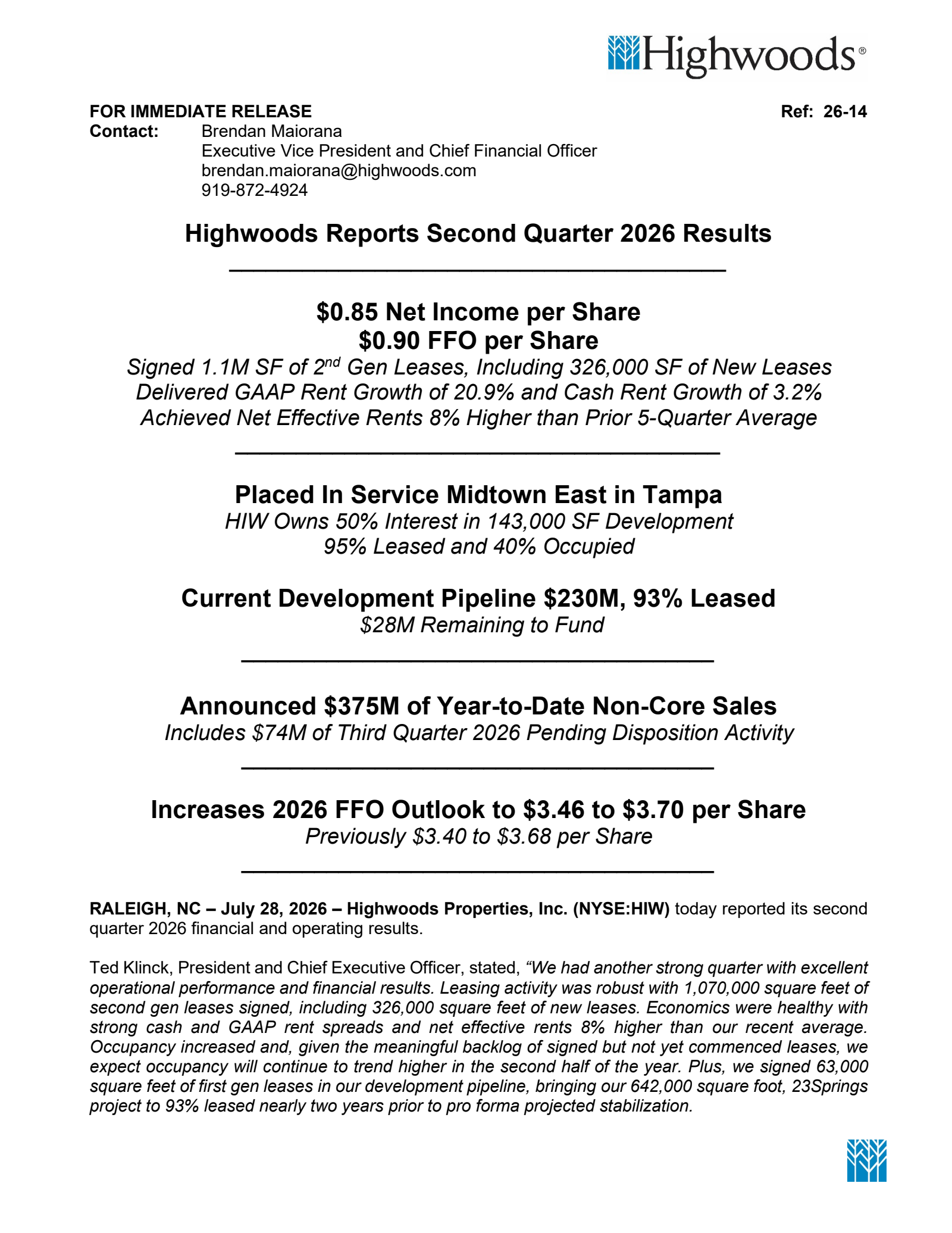 Highwoods Properties' Q2 2026 Press Release