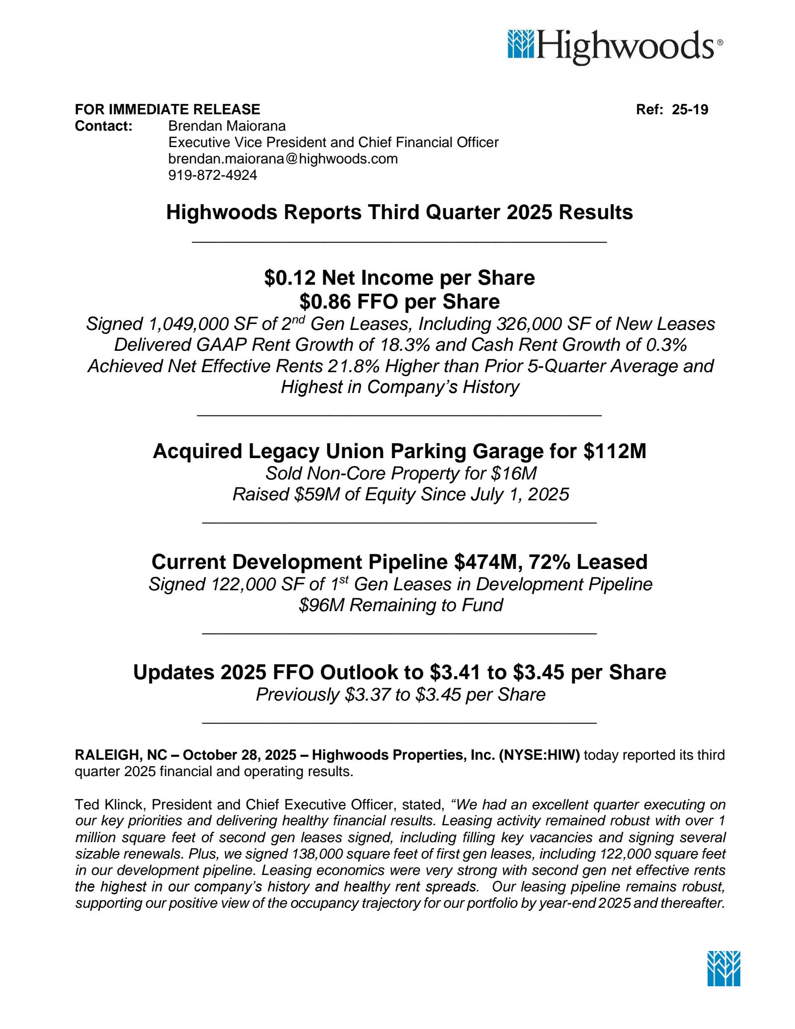 Highwoods Properties' Q3 2025 Earnings Release