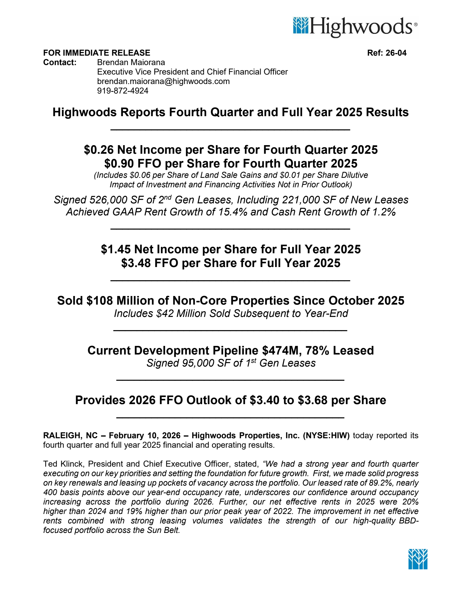 Highwoods Properties' Q4 2025 Press Release