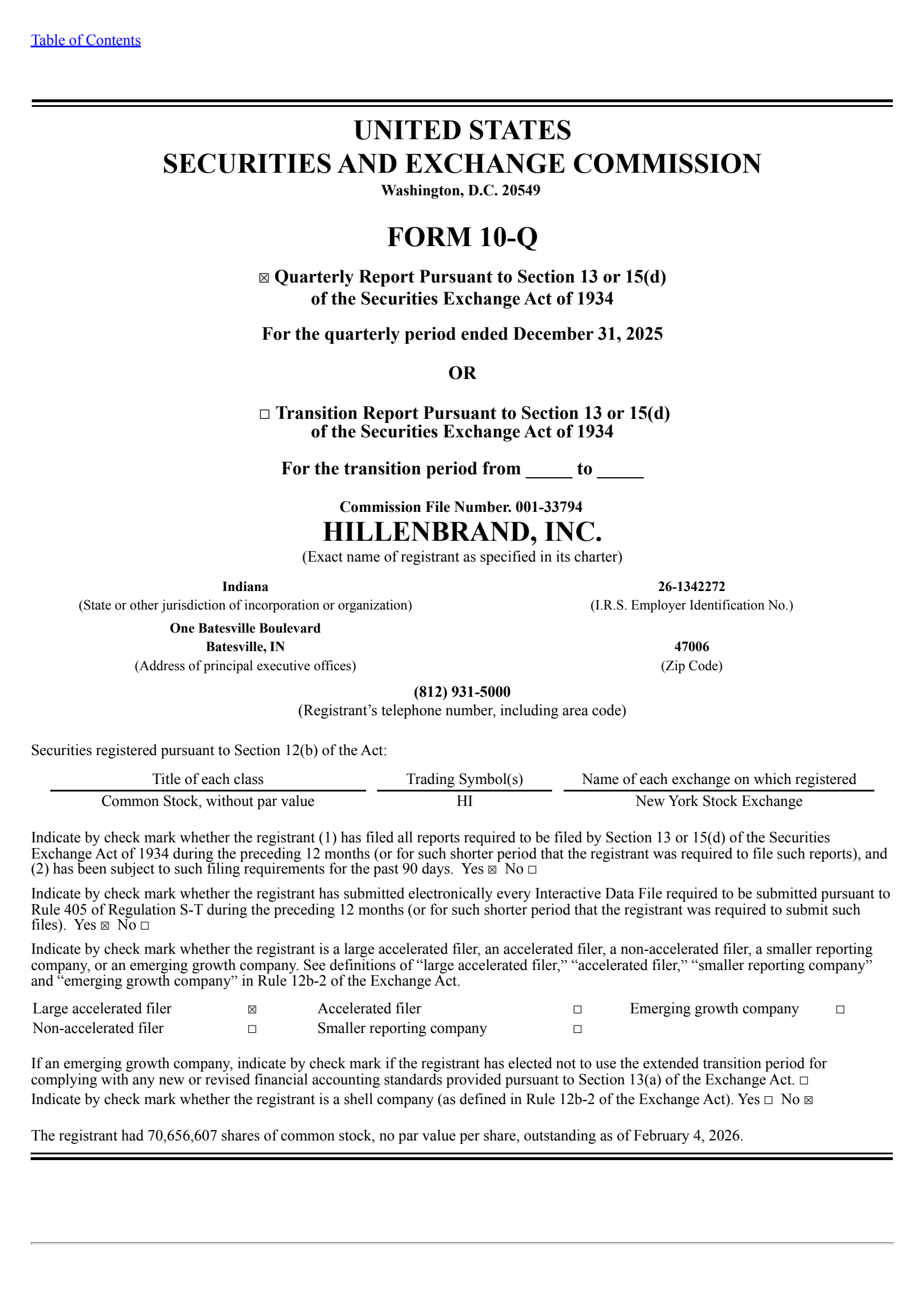 Hillenbrand's Q1 2026 Quarterly report