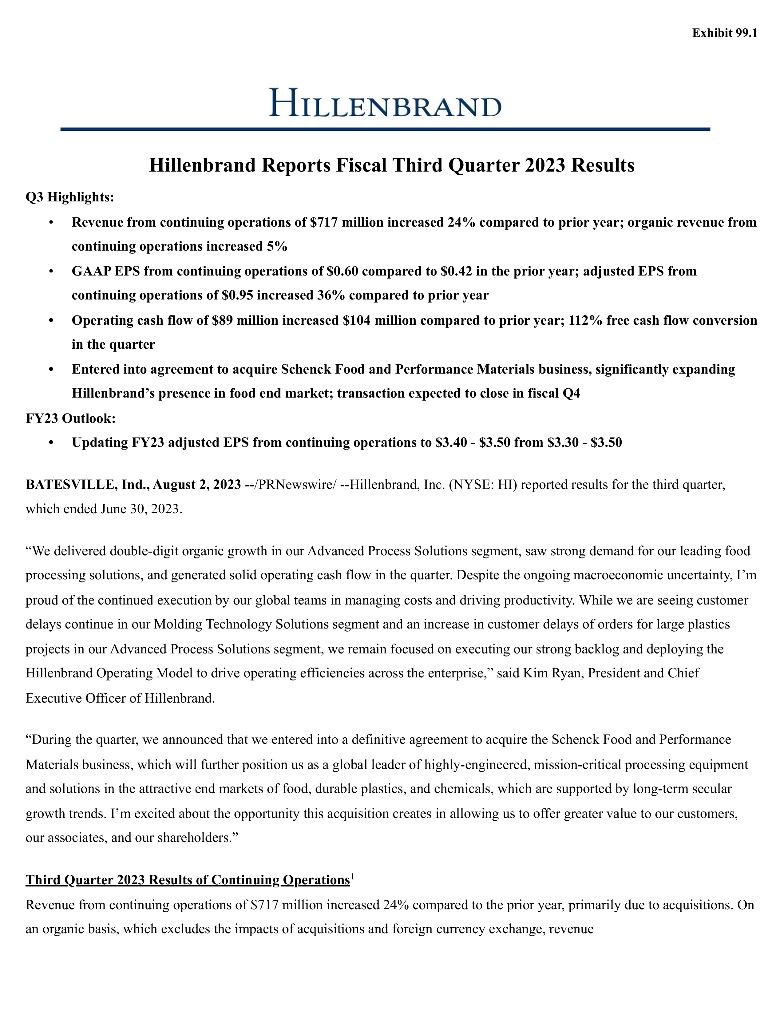 Hillenbrand's Q3 2023 Press Release