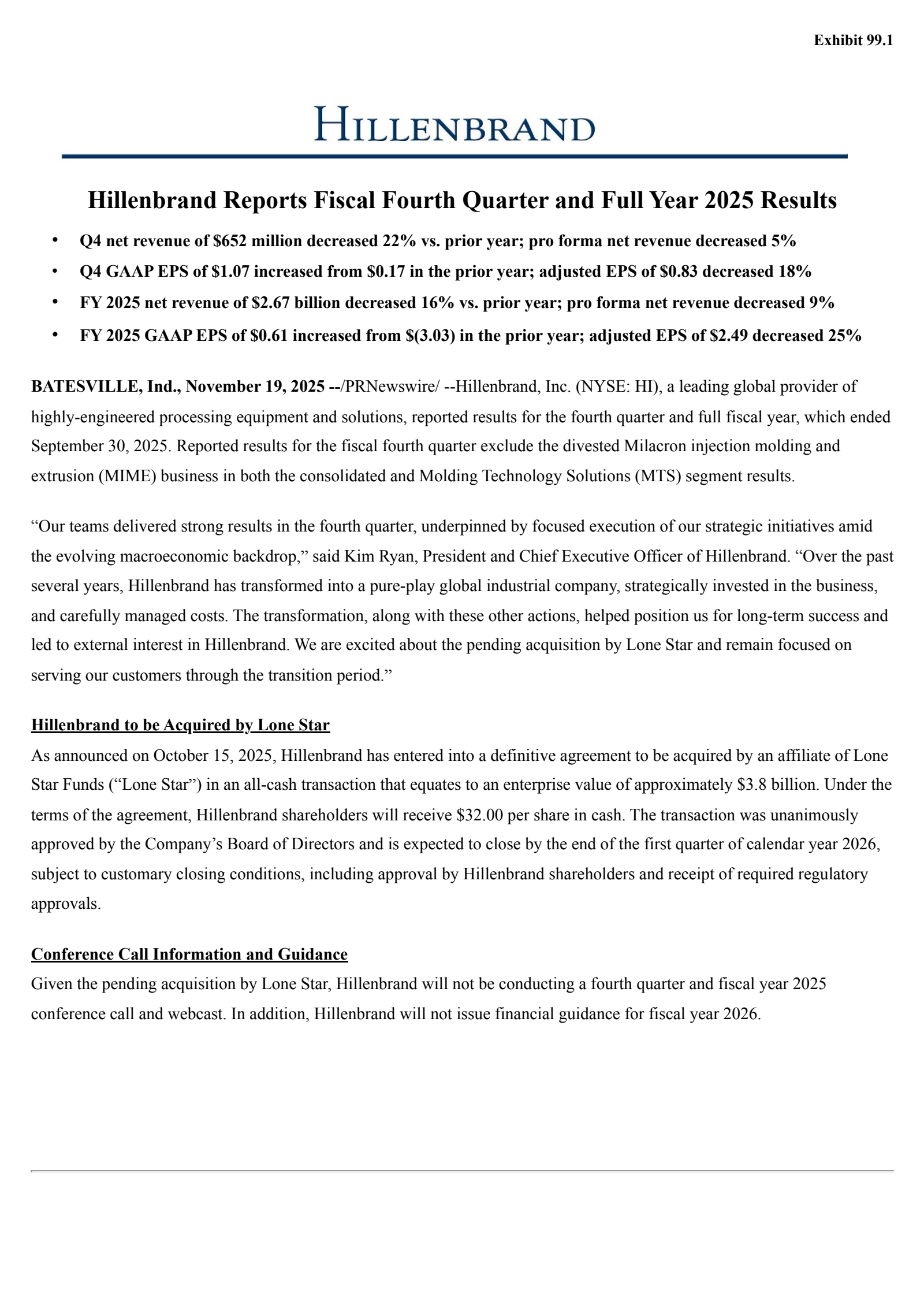 Hillenbrand's Q4 2025 Earnings Release