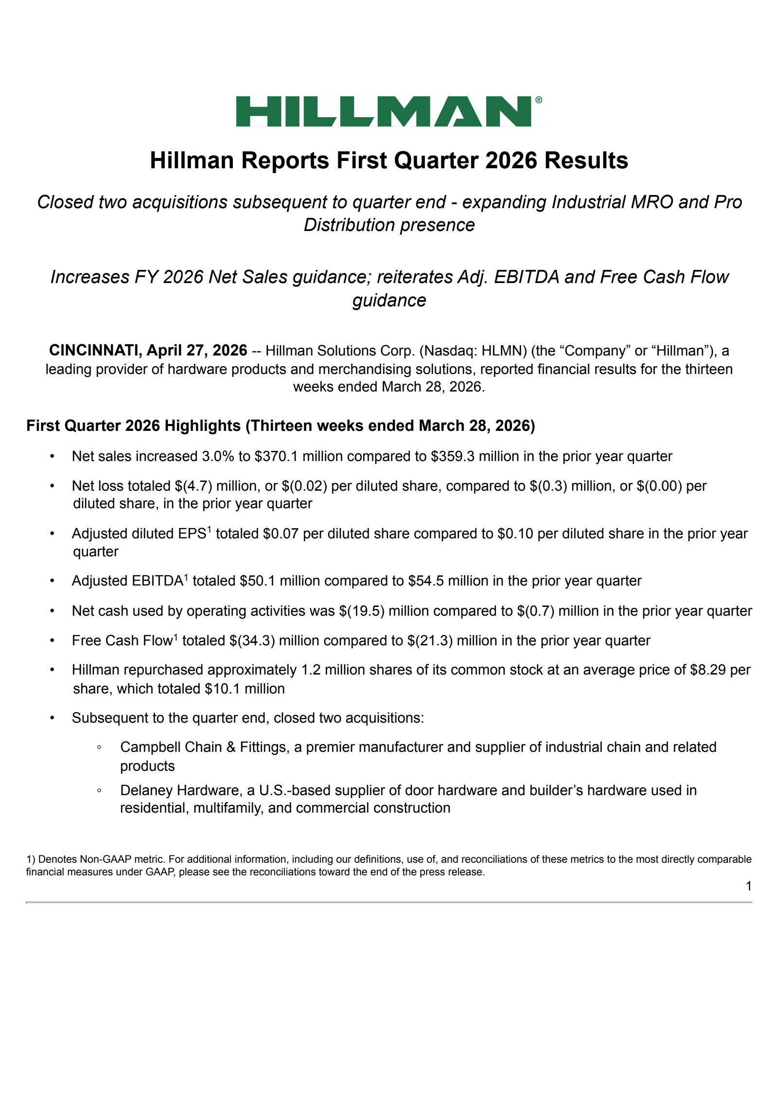 Hillman Solutions' Q1 2026 Press Release