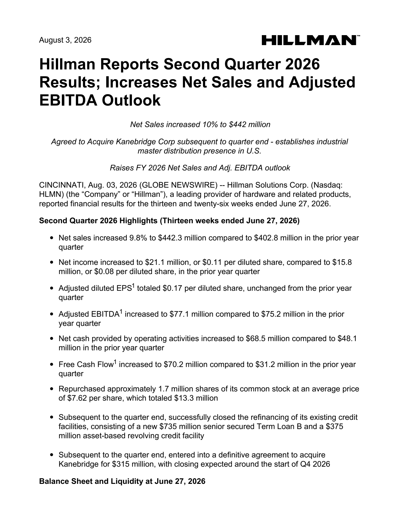 Hillman Solutions' Q2 2026 Press Release