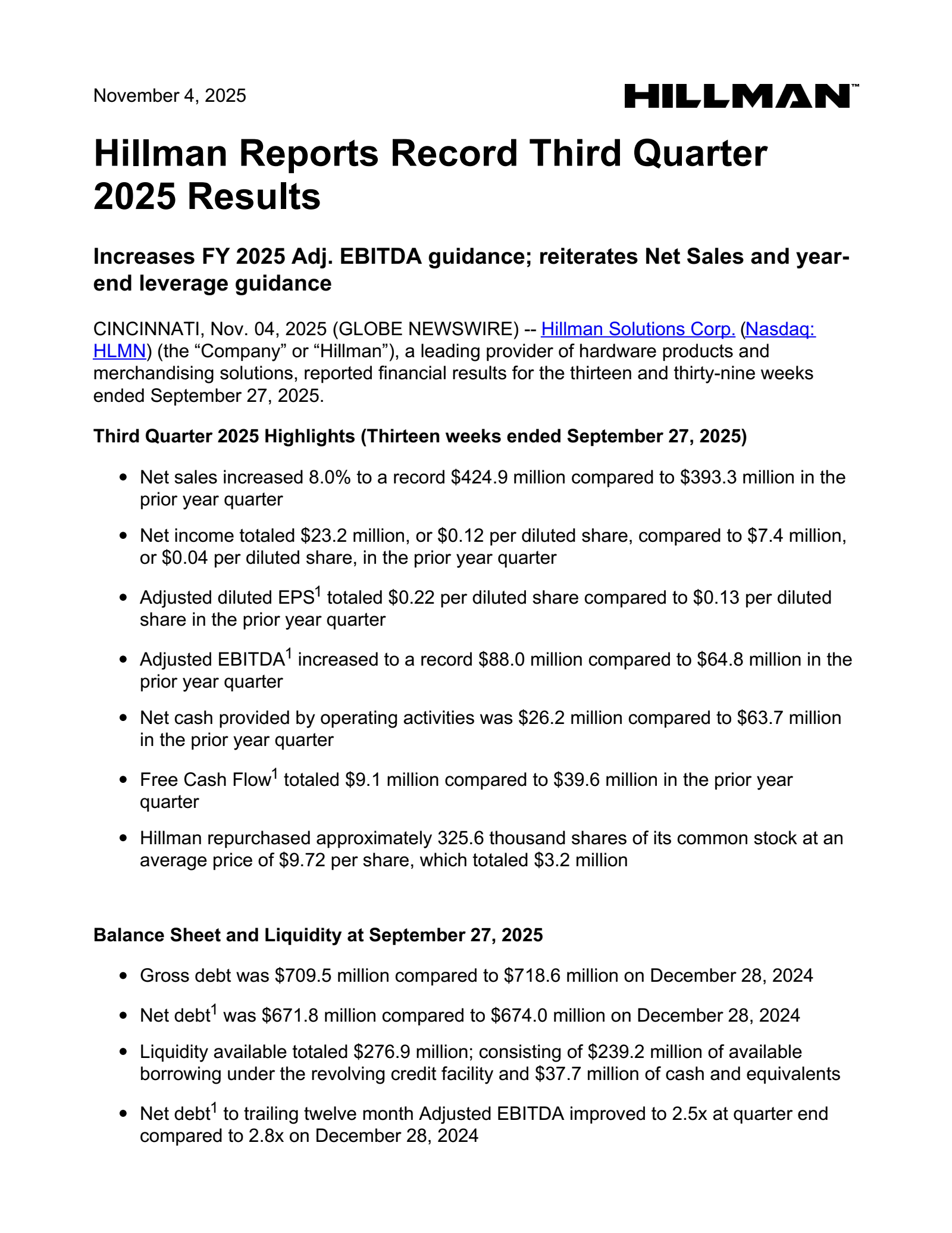 Hillman Solutions' Q3 2025 Earnings Release