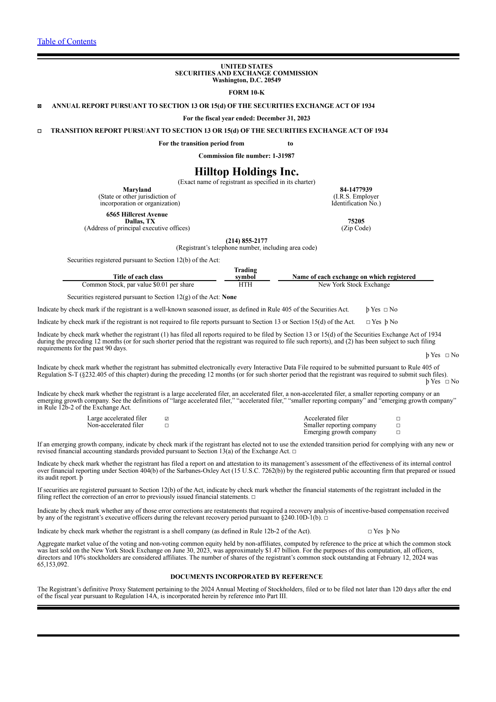 Hilltop's Q4 2023 Annual report