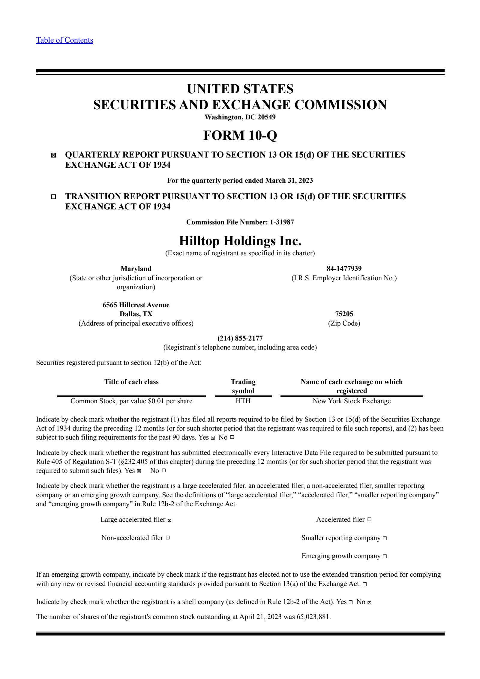 Hilltop's Q1 2023 Quarterly report