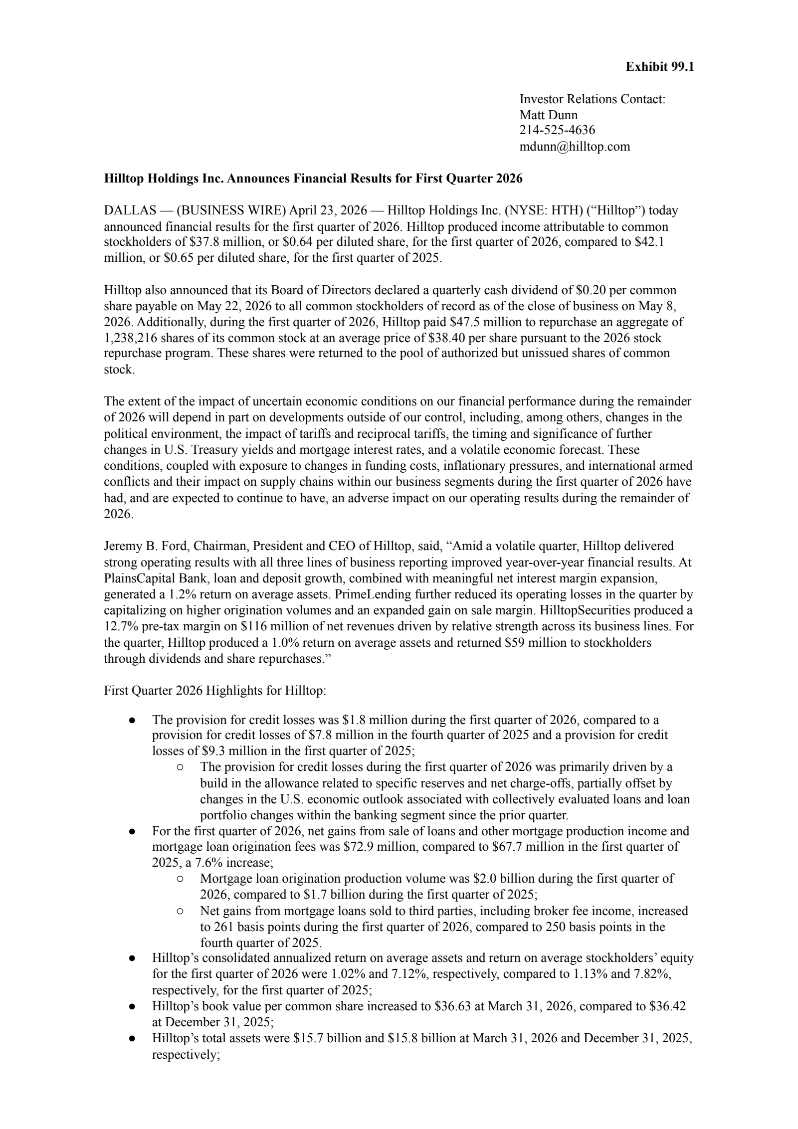 Hilltop's Q1 2026 Press Release