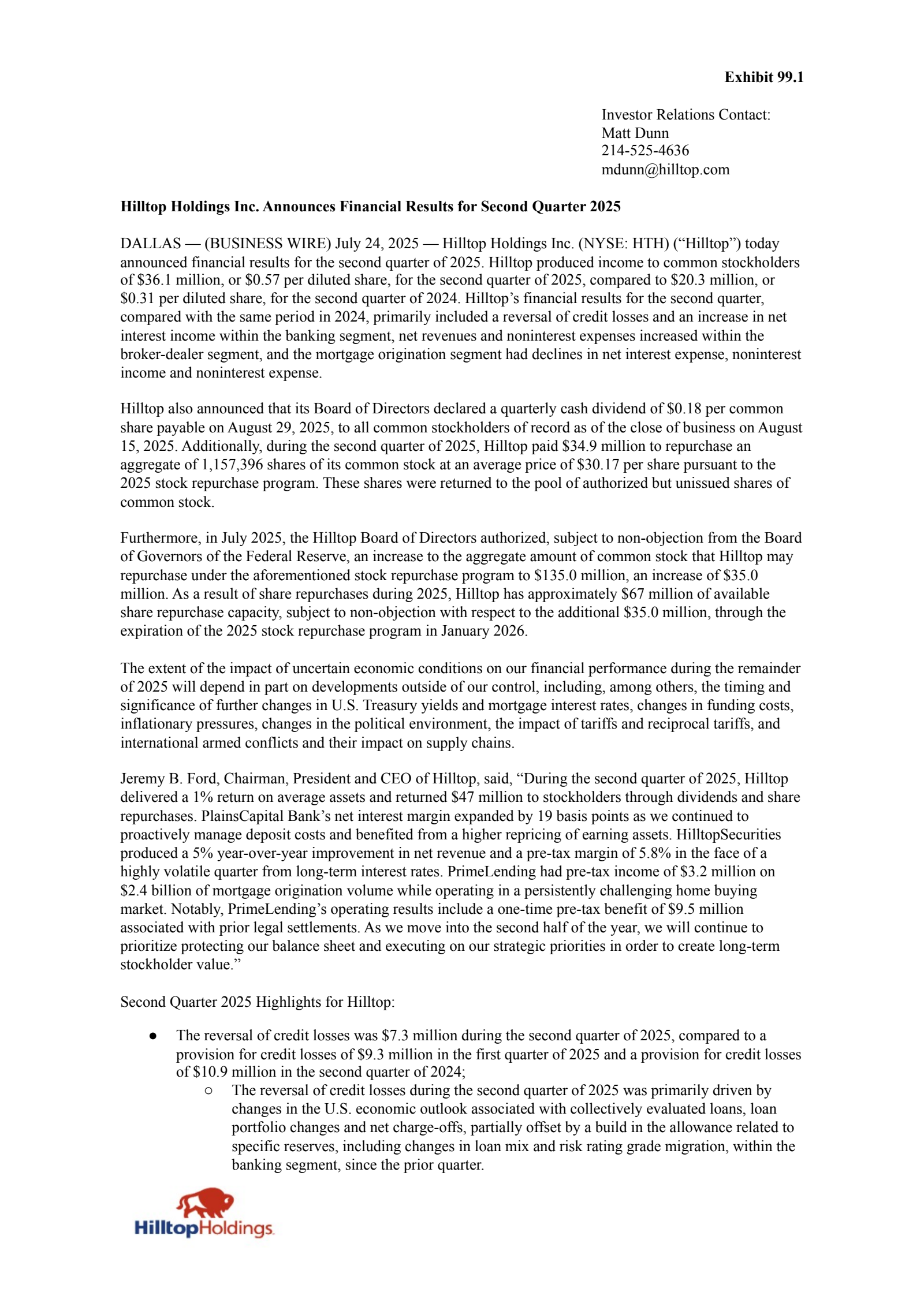 Hilltop's Q2 2025 Press Release
