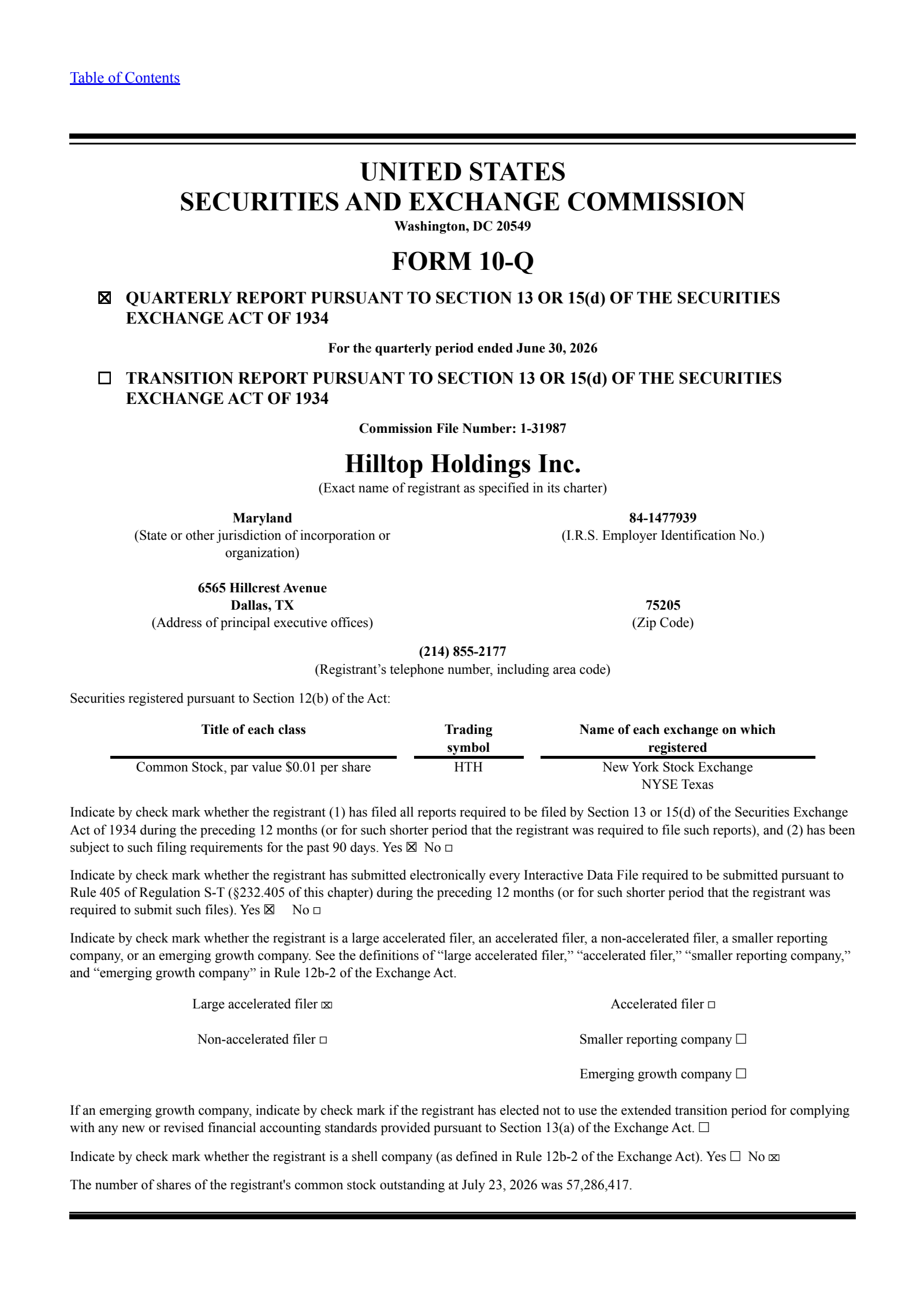 Hilltop's Q2 2026 Quarterly report