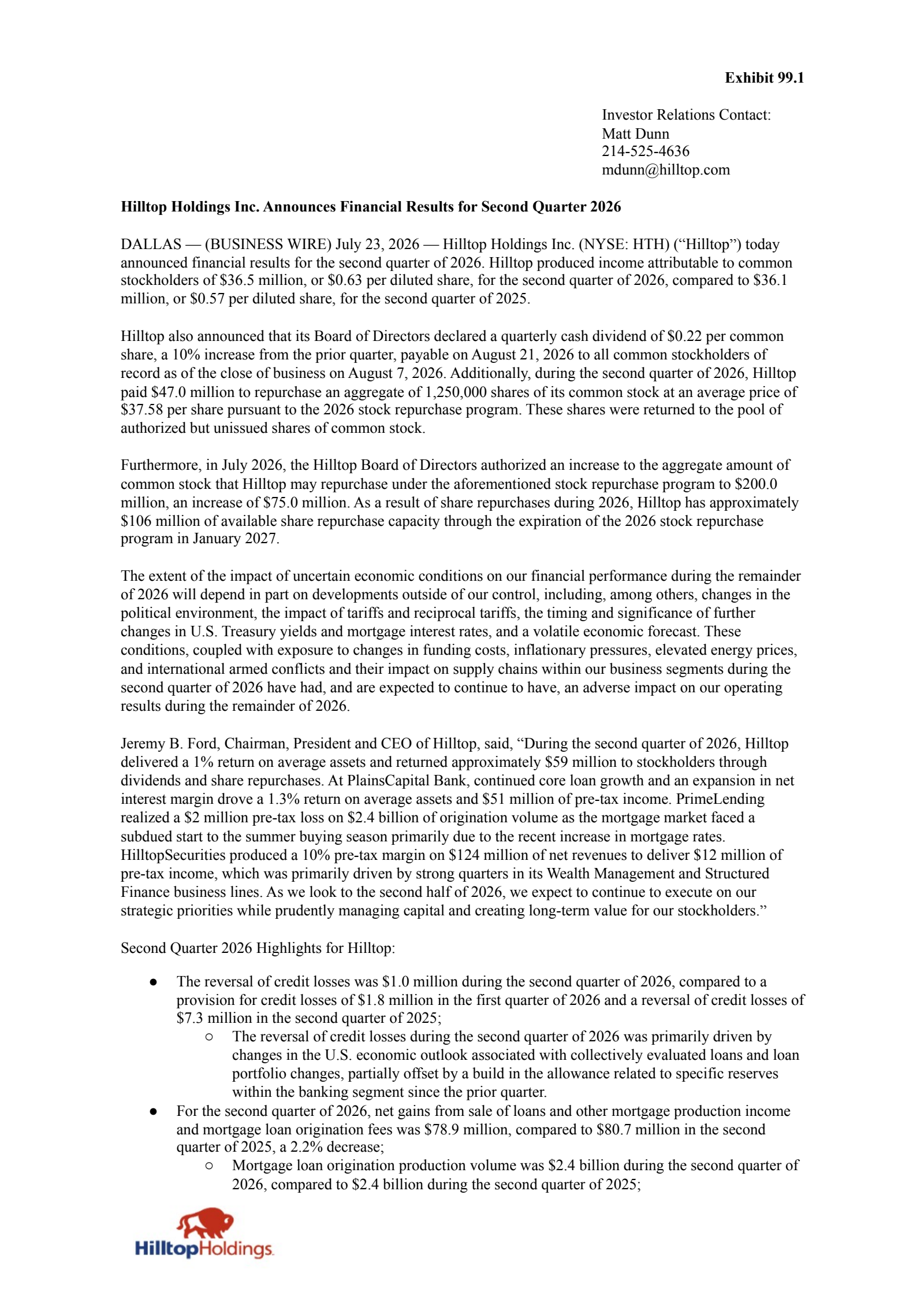 Hilltop's Q2 2026 Press Release