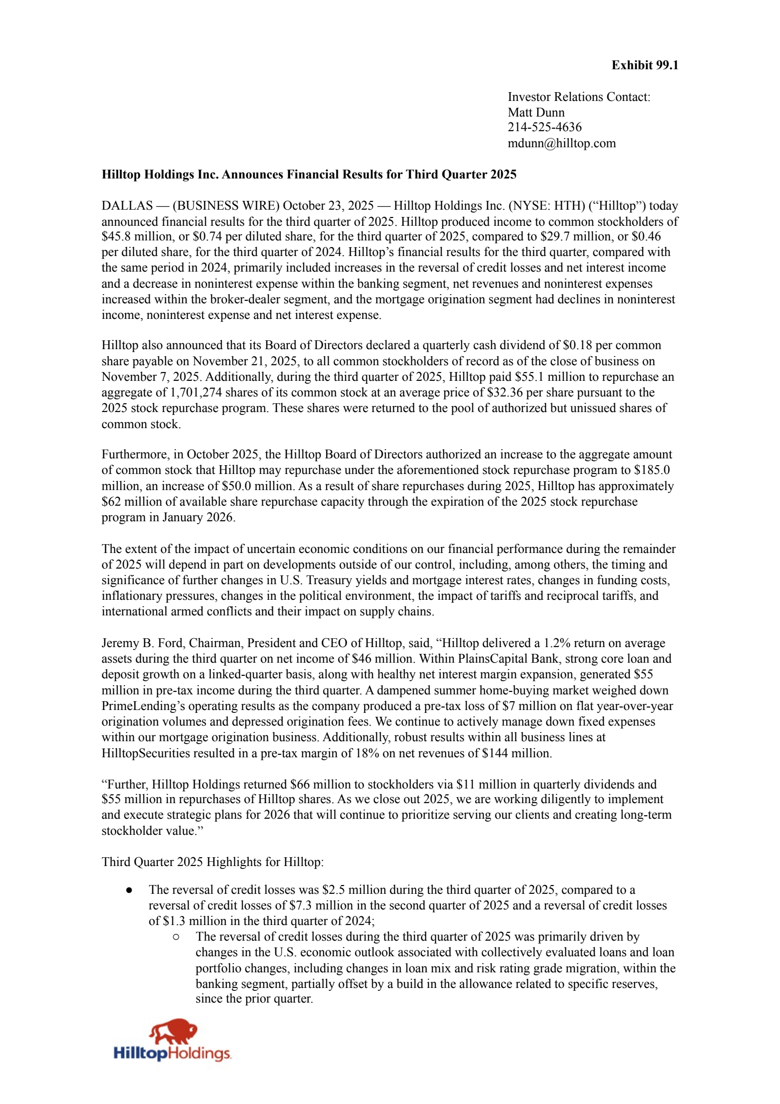 Hilltop's Q3 2025 Earnings Release