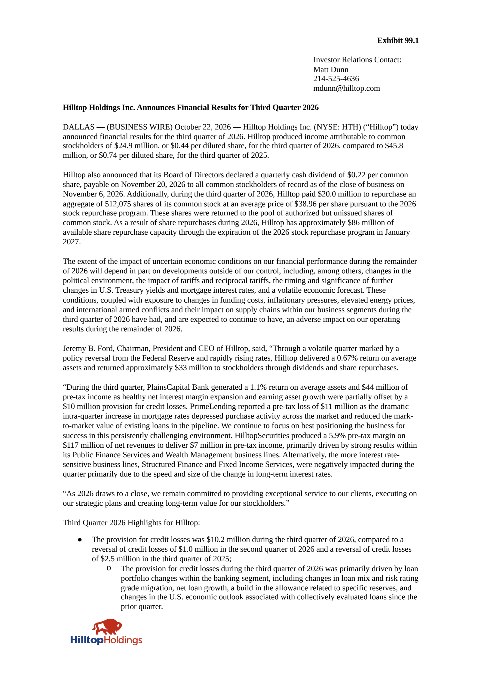 Hilltop's Q3 2026 Press Release