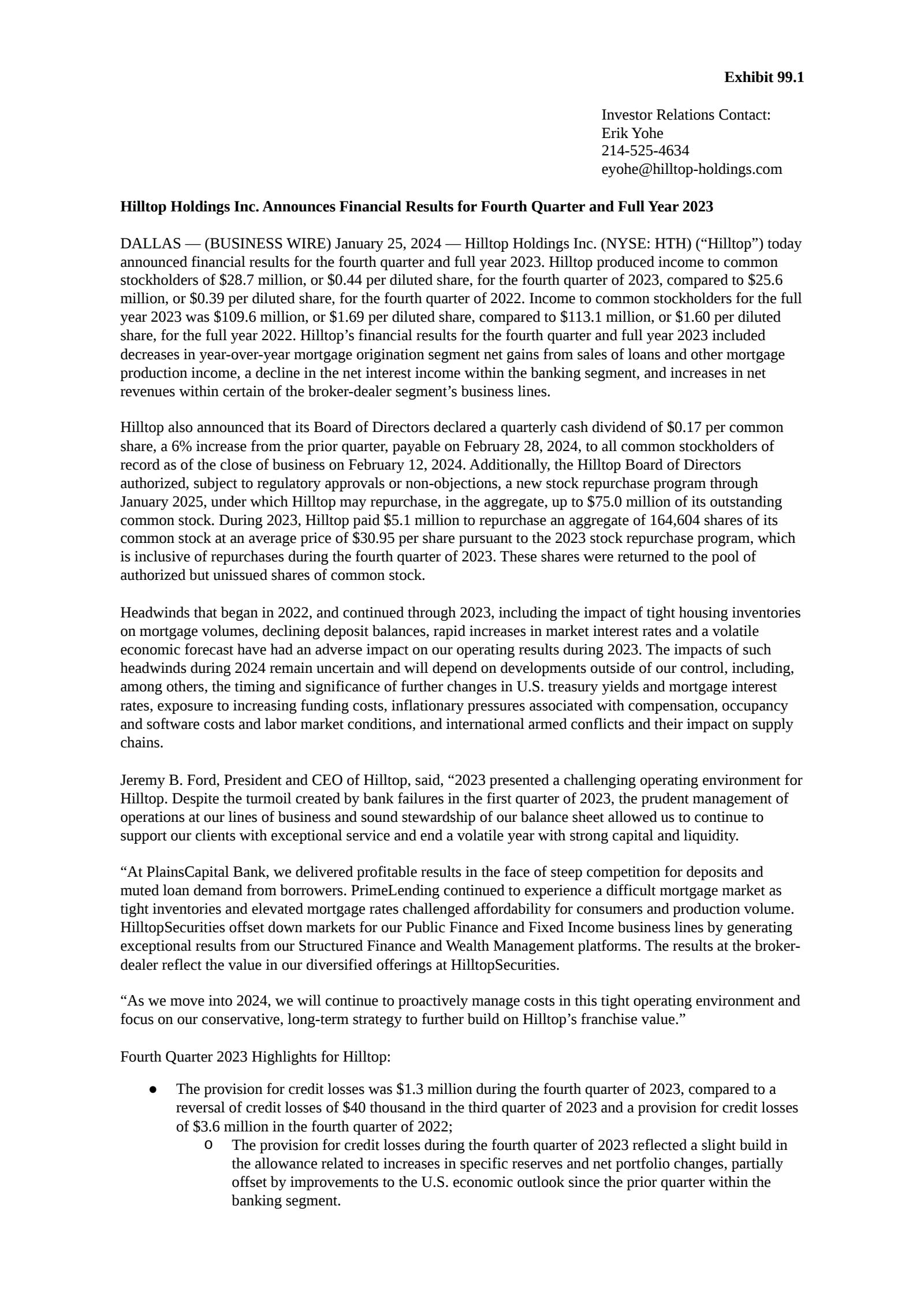 Hilltop's Q4 2023 Press Release
