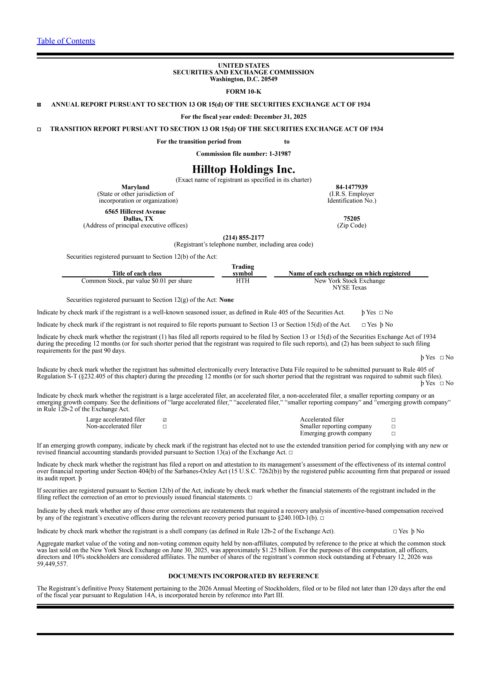 Hilltop's Q4 2025 Annual report