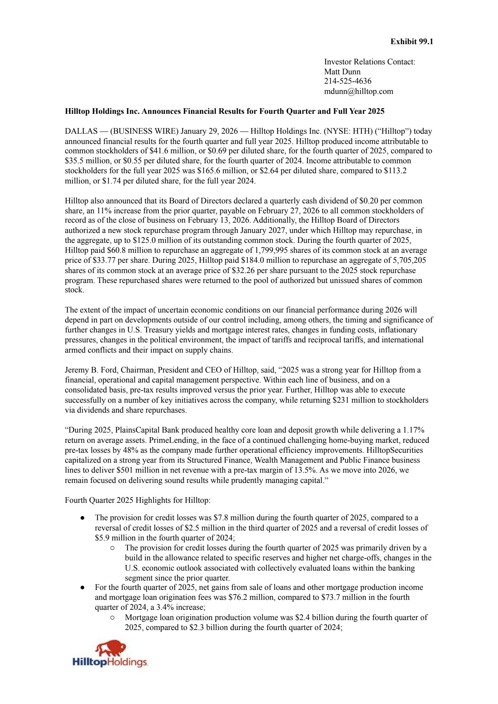 Hilltop's Q4 2025 Press Release