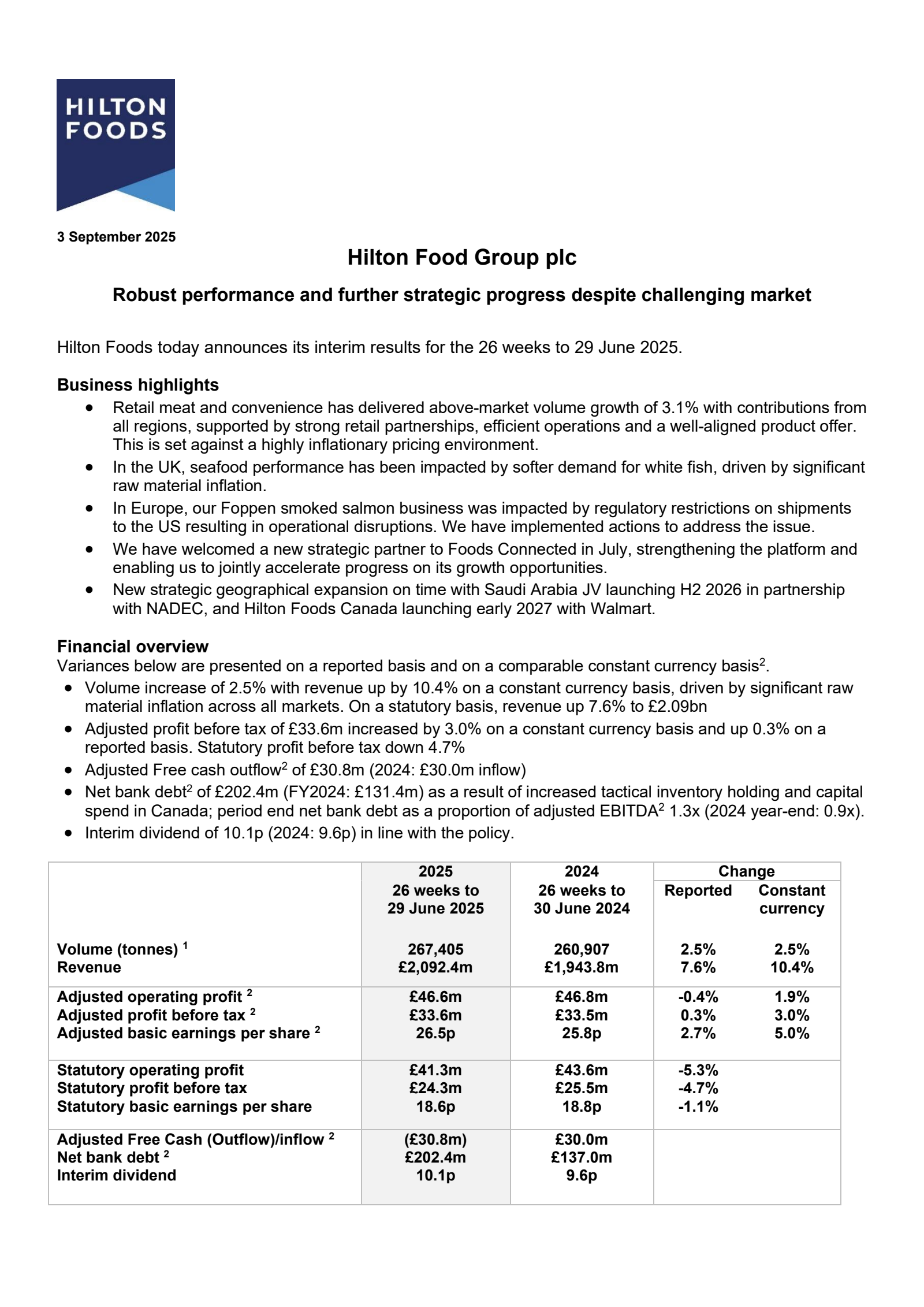 Hilton Food Group's H1 2025 Interim report