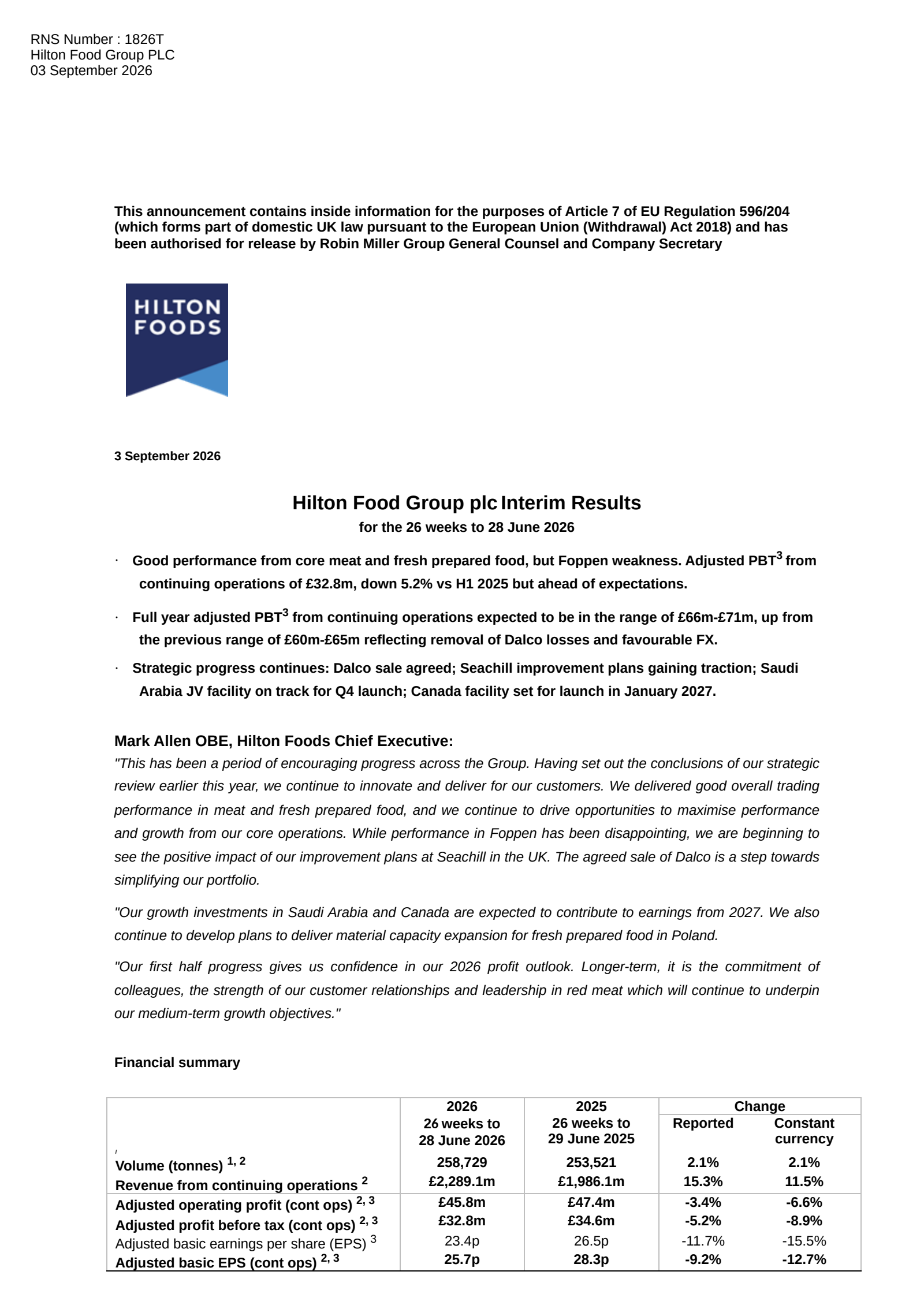 Hilton Food Group's H1 2026 Interim report