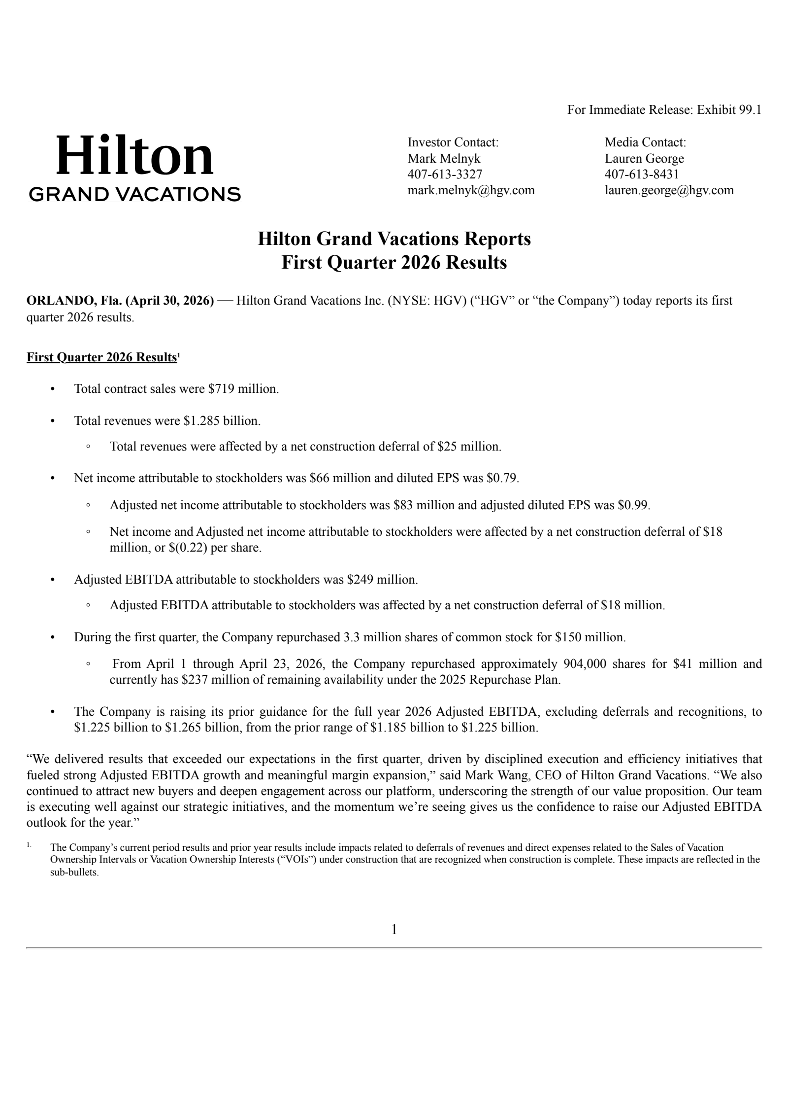 Hilton Grand Vacations' Q1 2026 Press Release