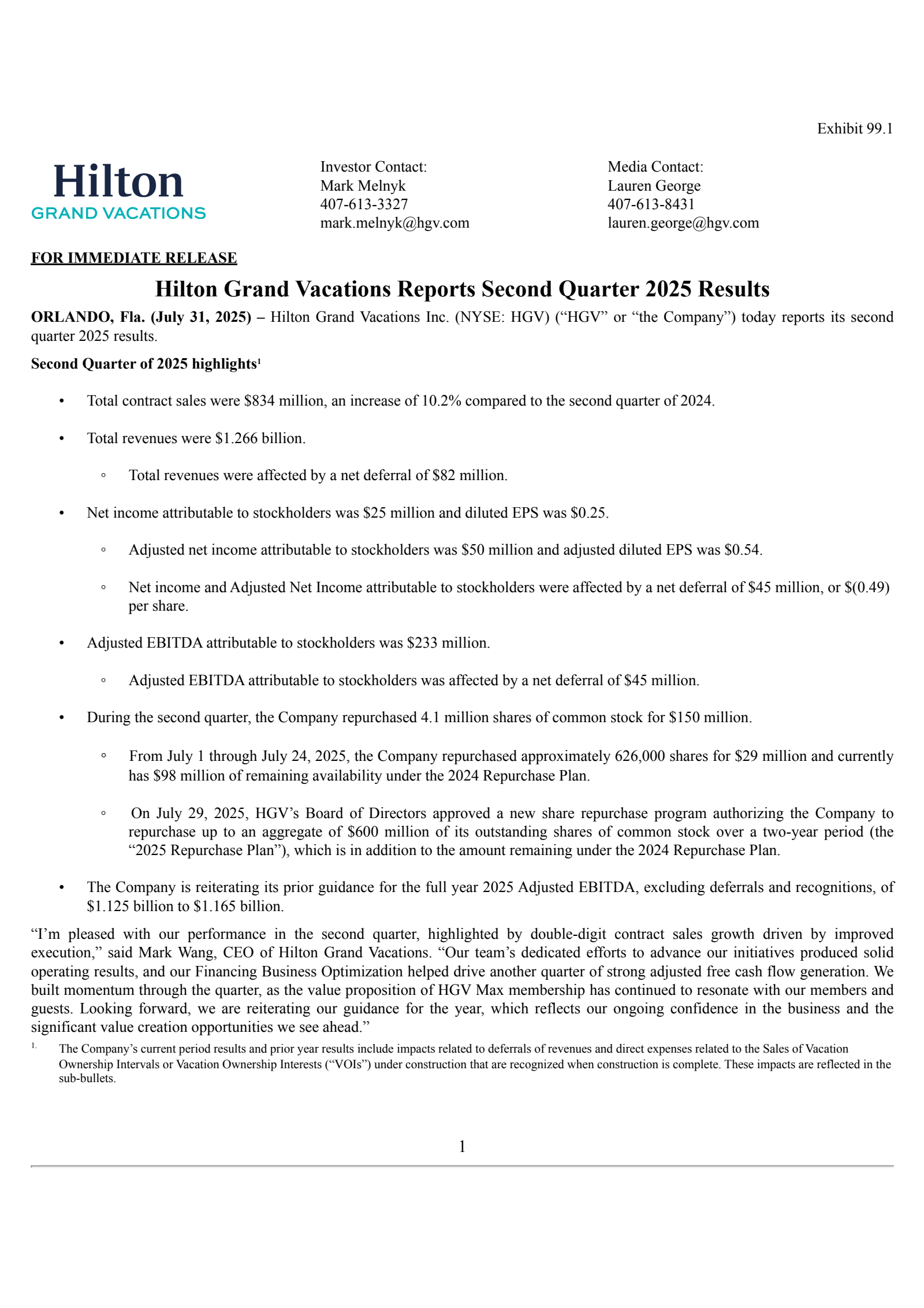 Hilton Grand Vacations' Q2 2025 Press Release