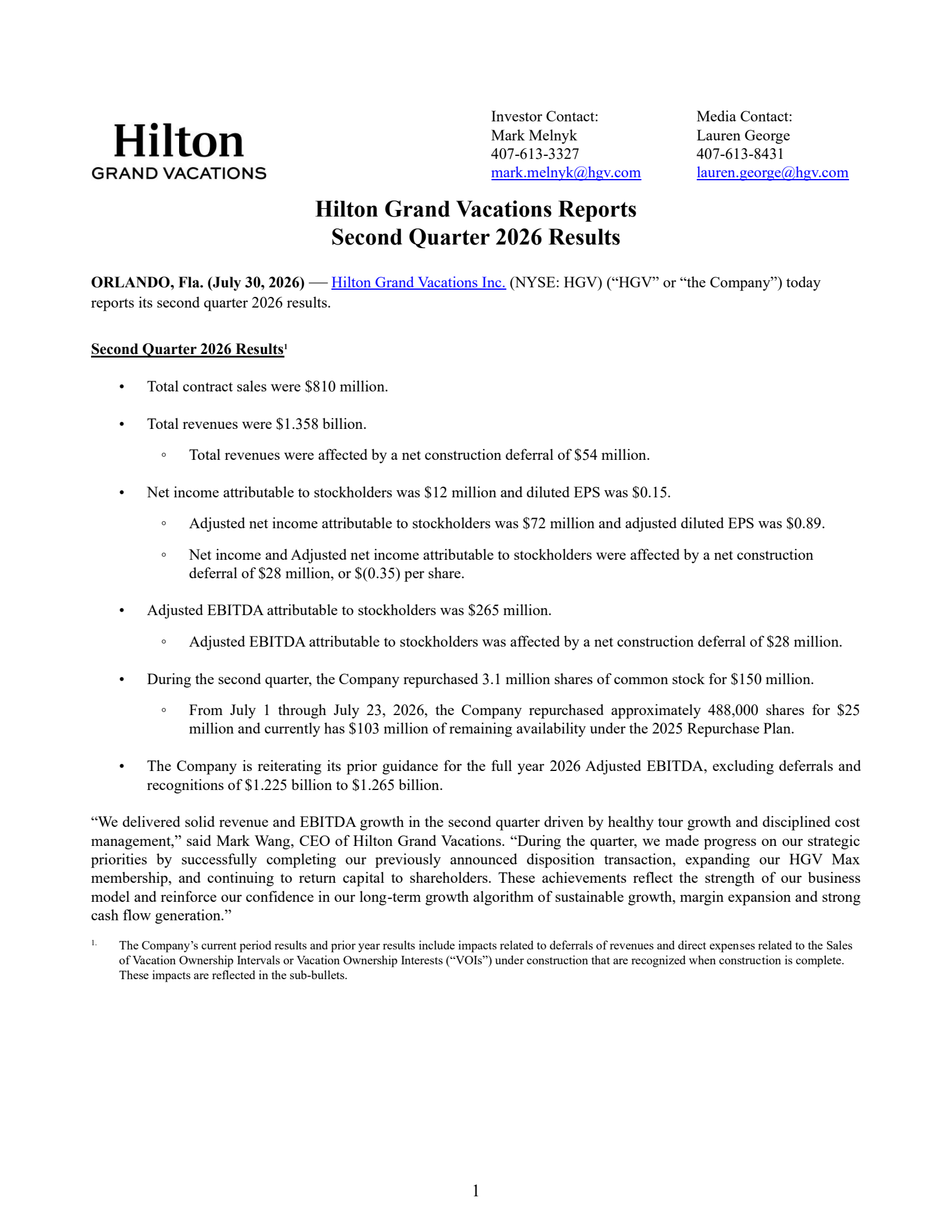 Hilton Grand Vacations' Q2 2026 Press Release