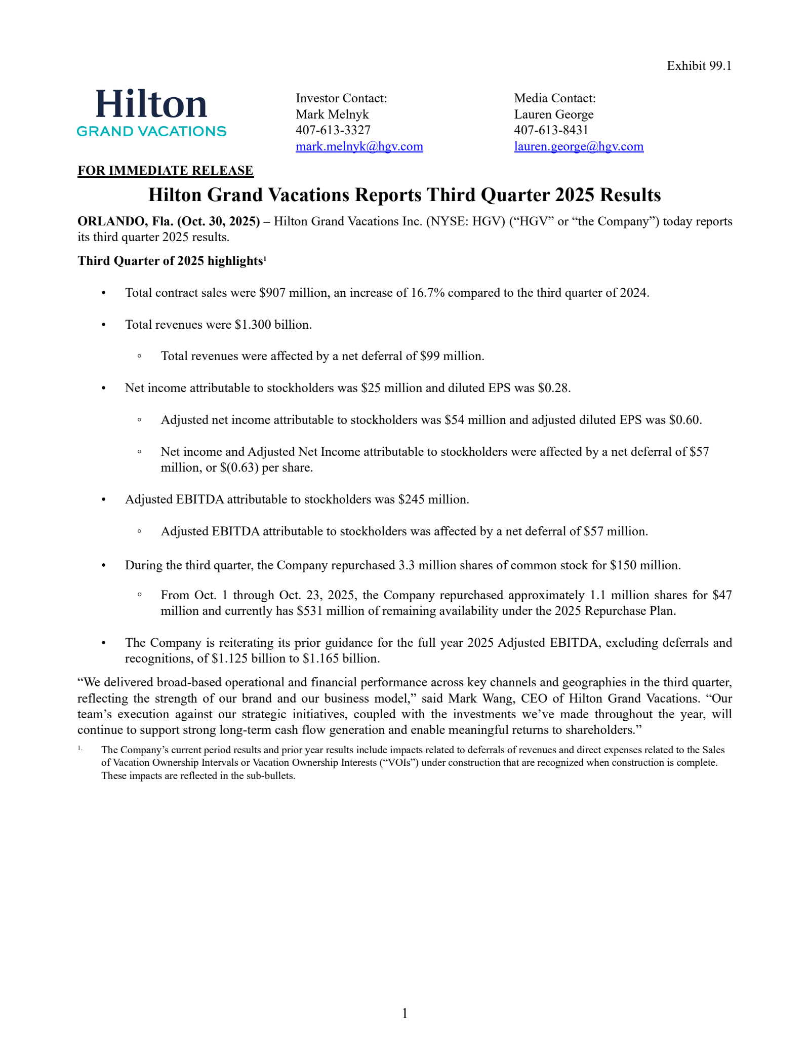 Hilton Grand Vacations' Q3 2025 Earnings Release