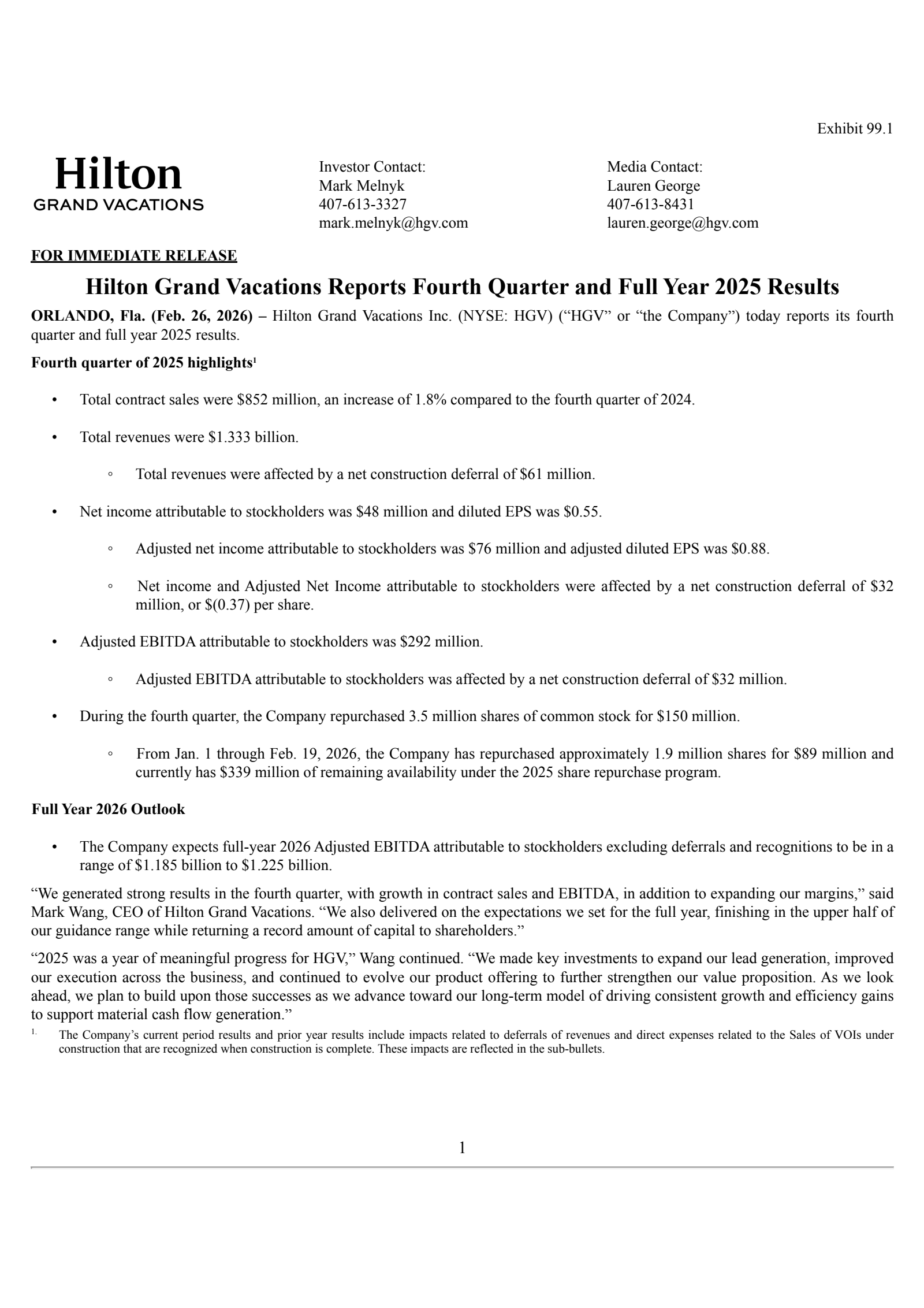 Hilton Grand Vacations' Q4 2025 Press Release