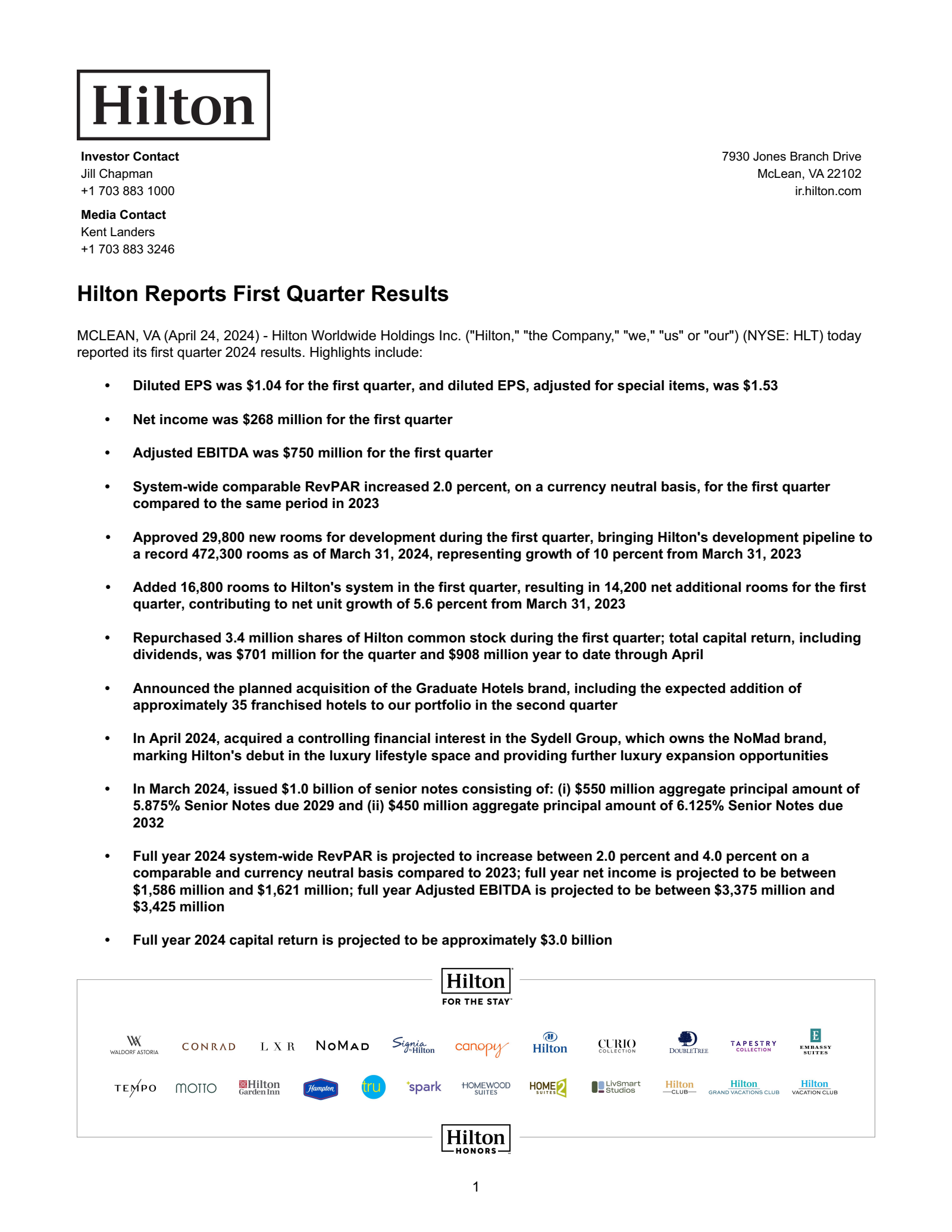 Hilton Worldwide's Q1 2024 Earnings Release