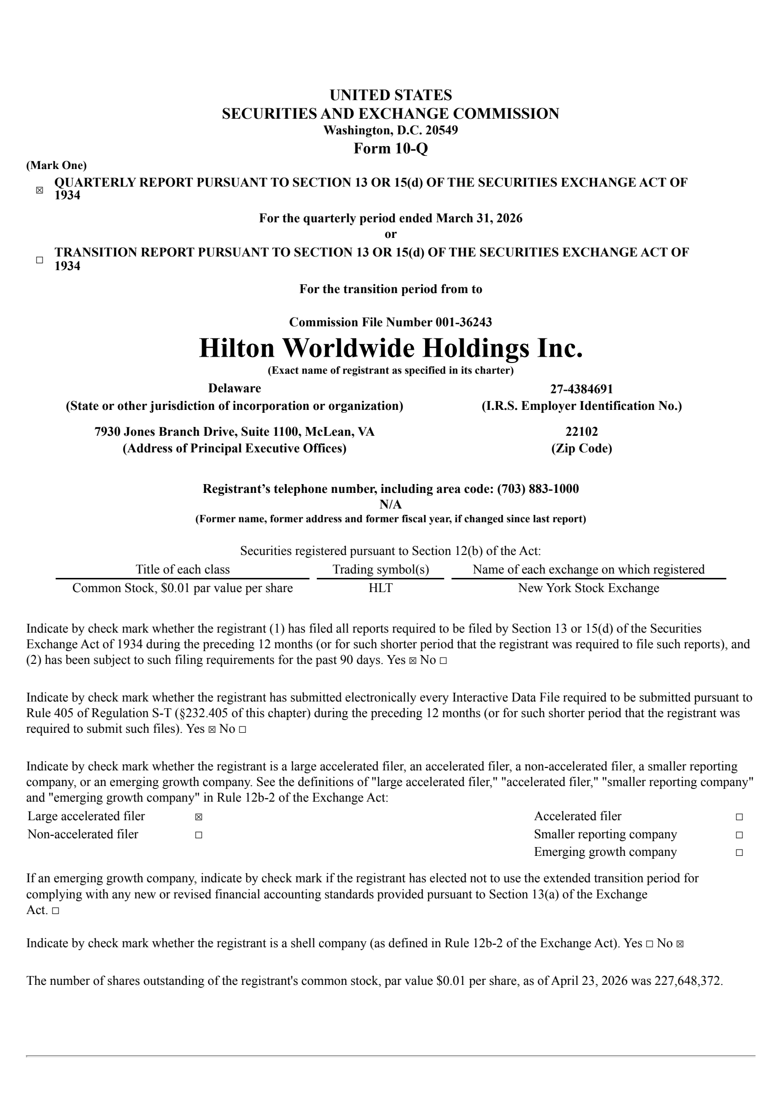 Hilton Worldwide's Q1 2026 Quarterly report
