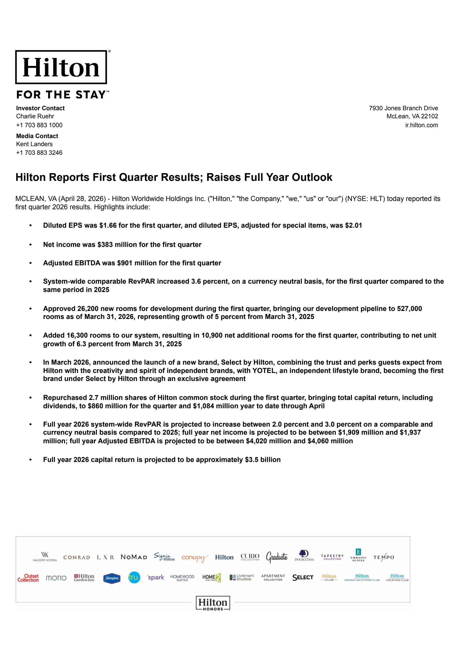 Hilton Worldwide's Q1 2026 Press Release