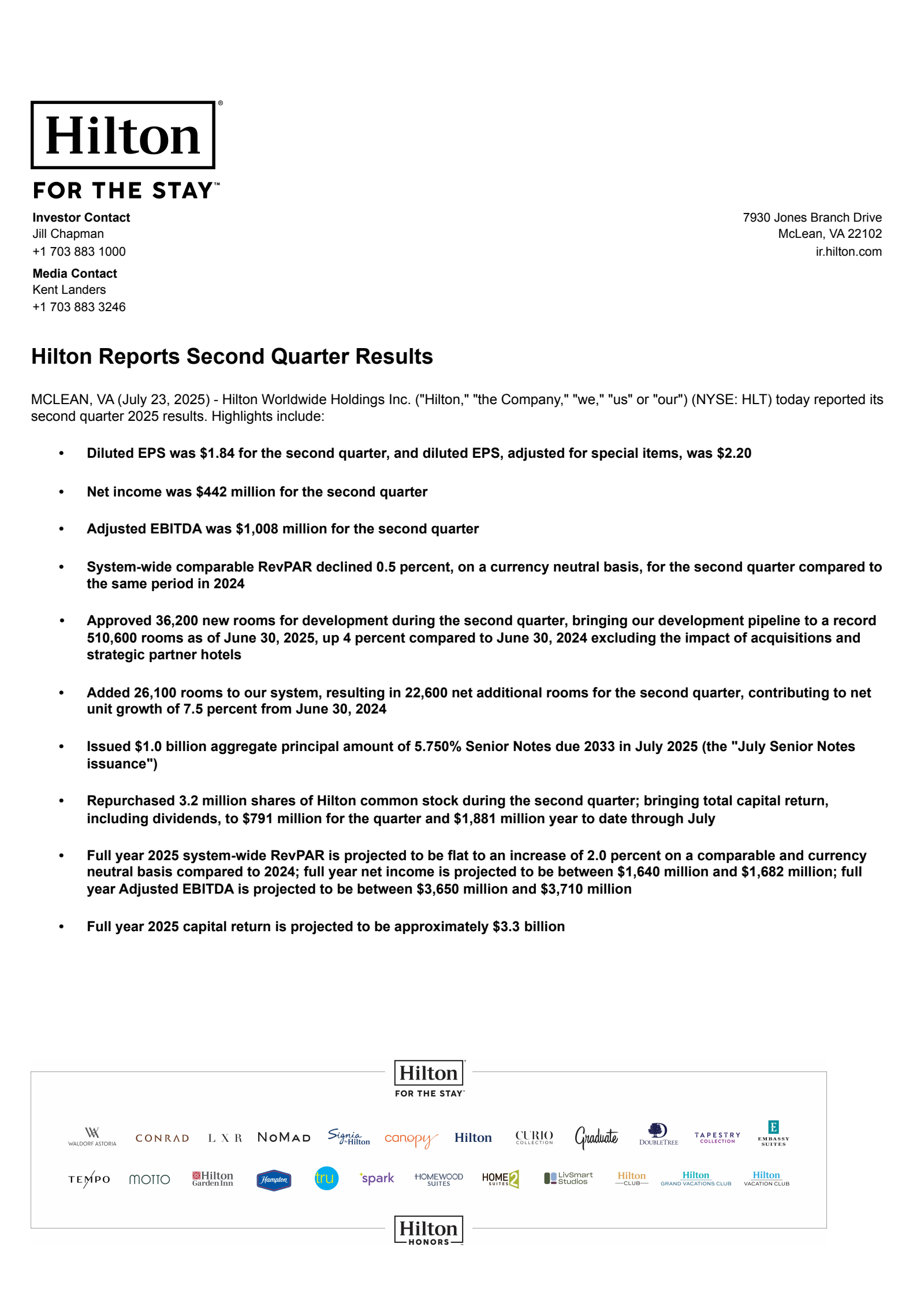 Hilton Worldwide's Q2 2025 Press Release