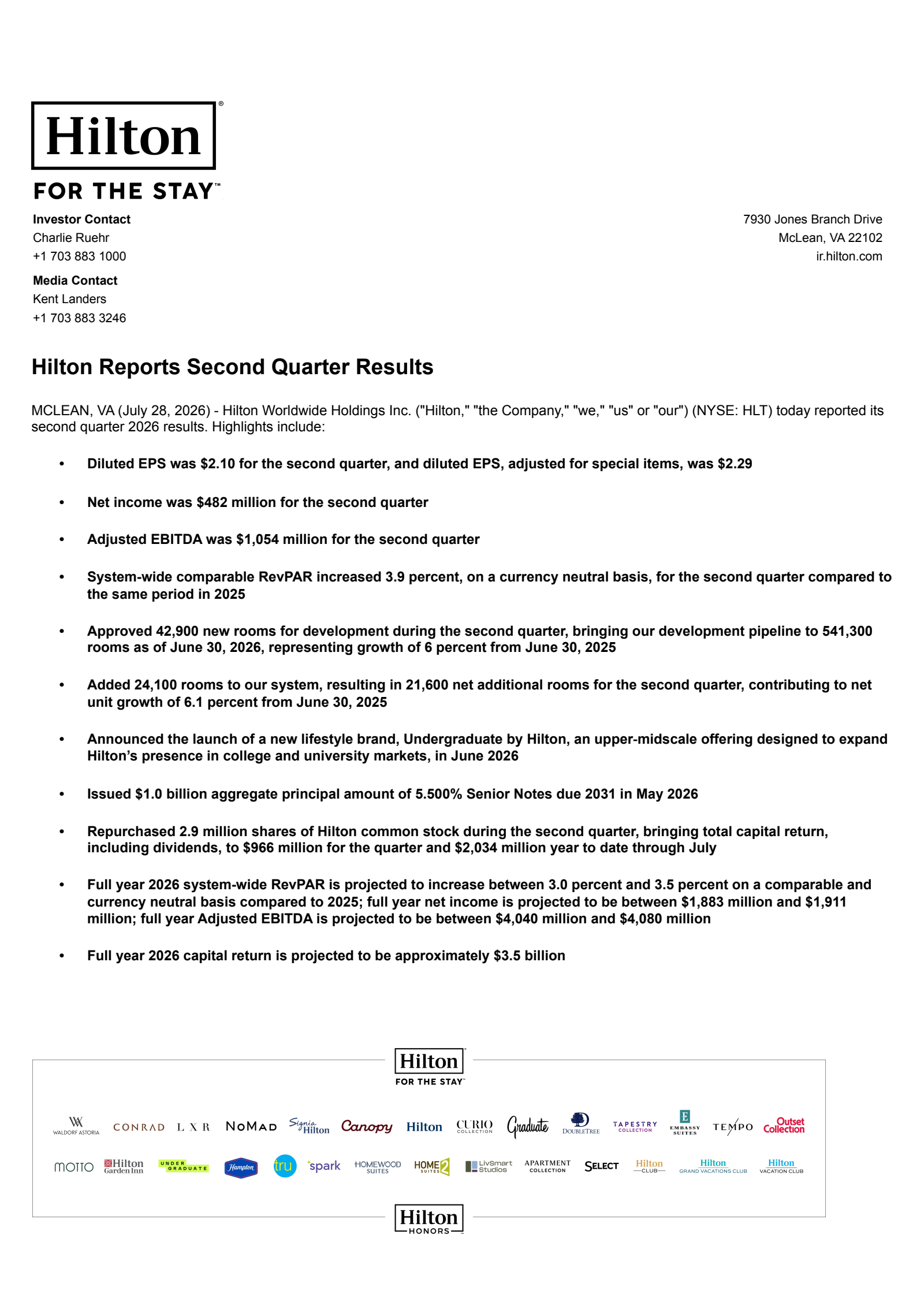 Hilton Worldwide's Q2 2026 Press Release
