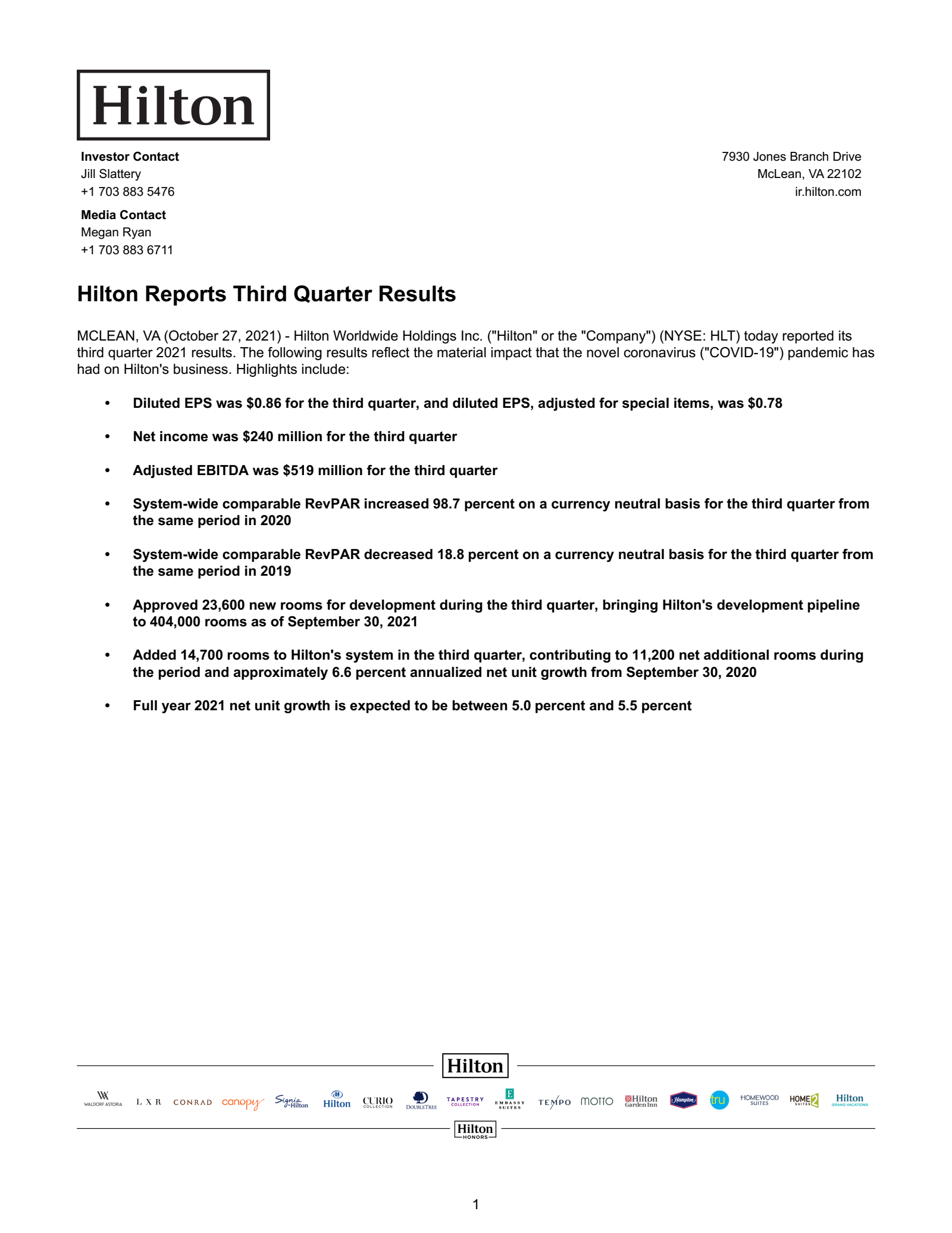 Hilton Worldwide's Q3 2021 Earnings Release