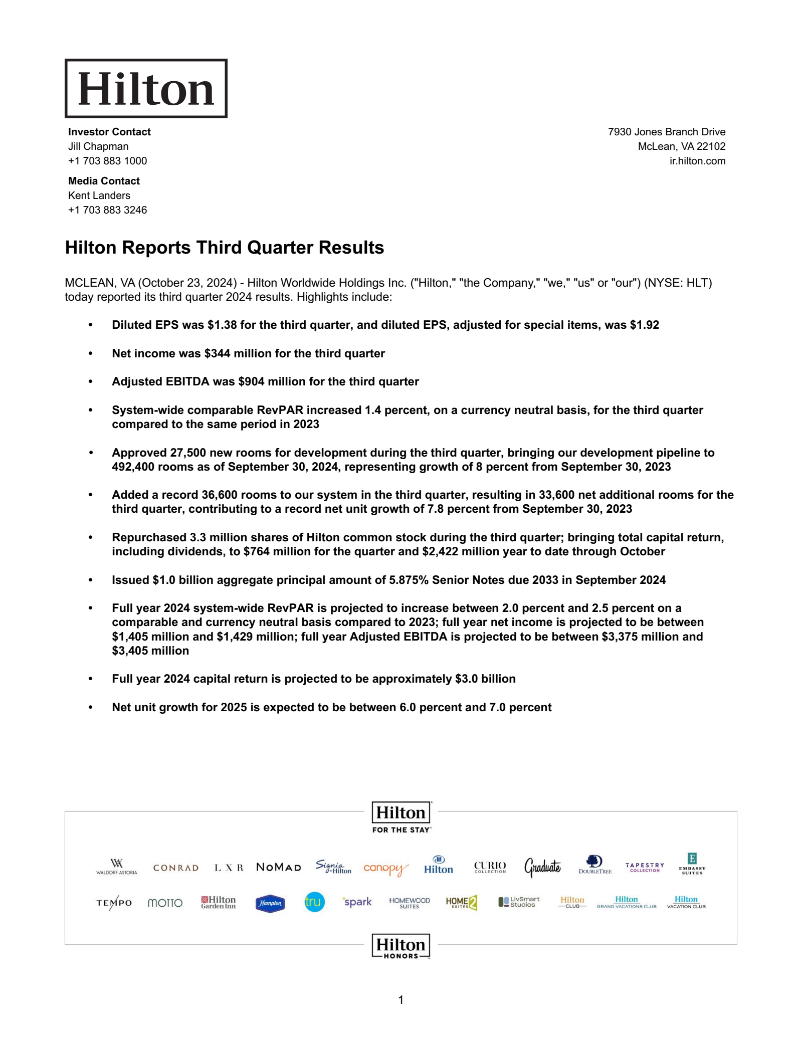 Hilton Worldwide's Q3 2024 Earnings Release